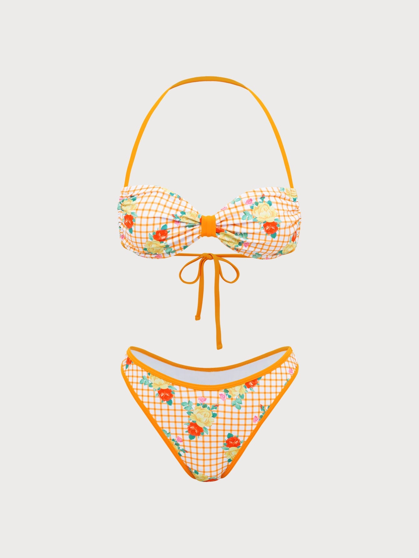 Yellow Floral Plaid Bikini Set