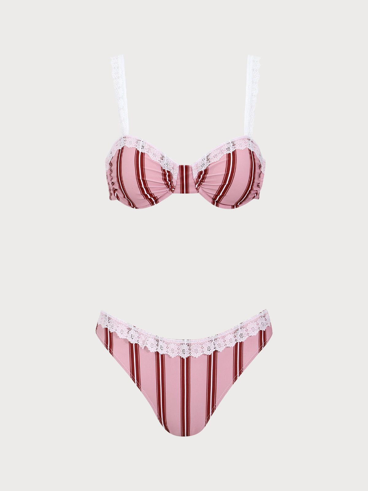 Pink Striped Underwired Lace Bikini Set