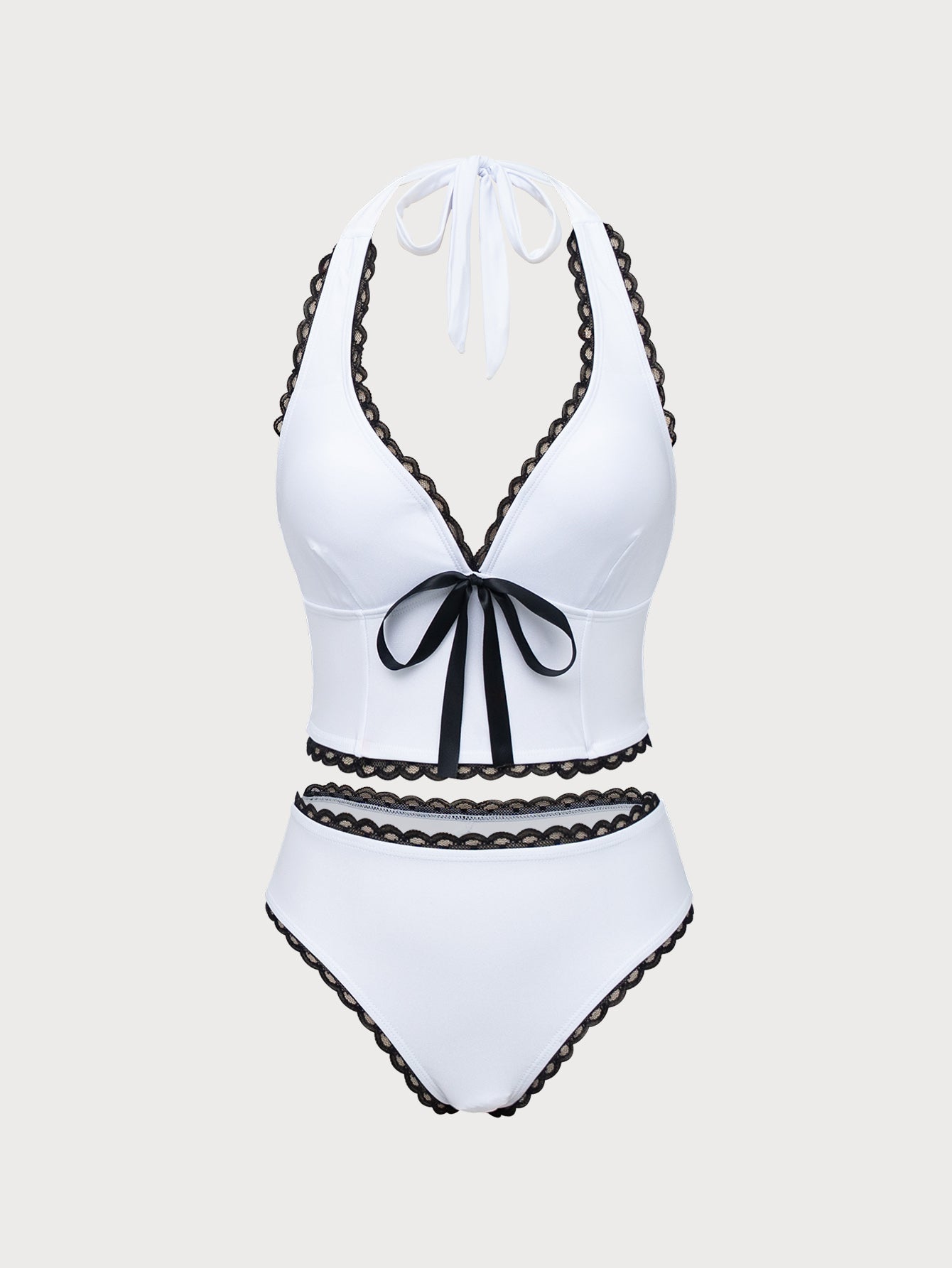 White Contrast Lace Tankini Swimsuit