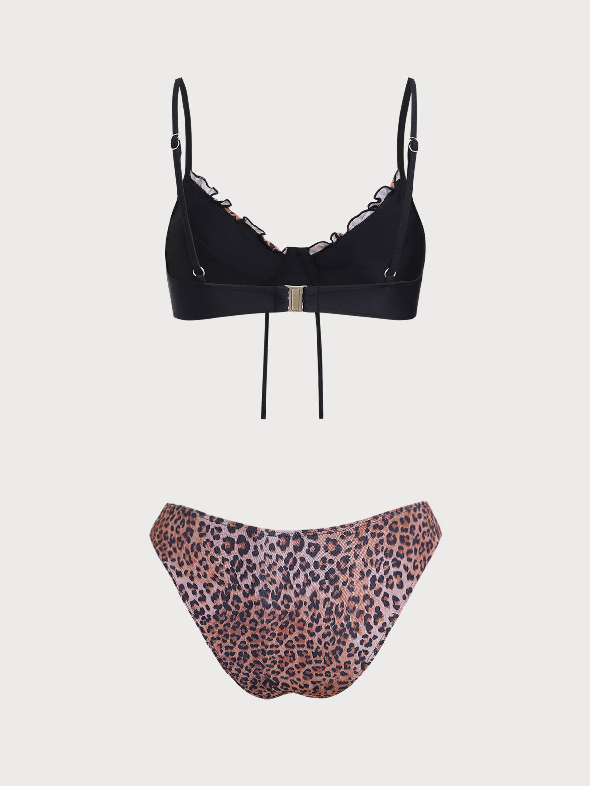Brown Contrast Leopard Print Shirred Bikini Set