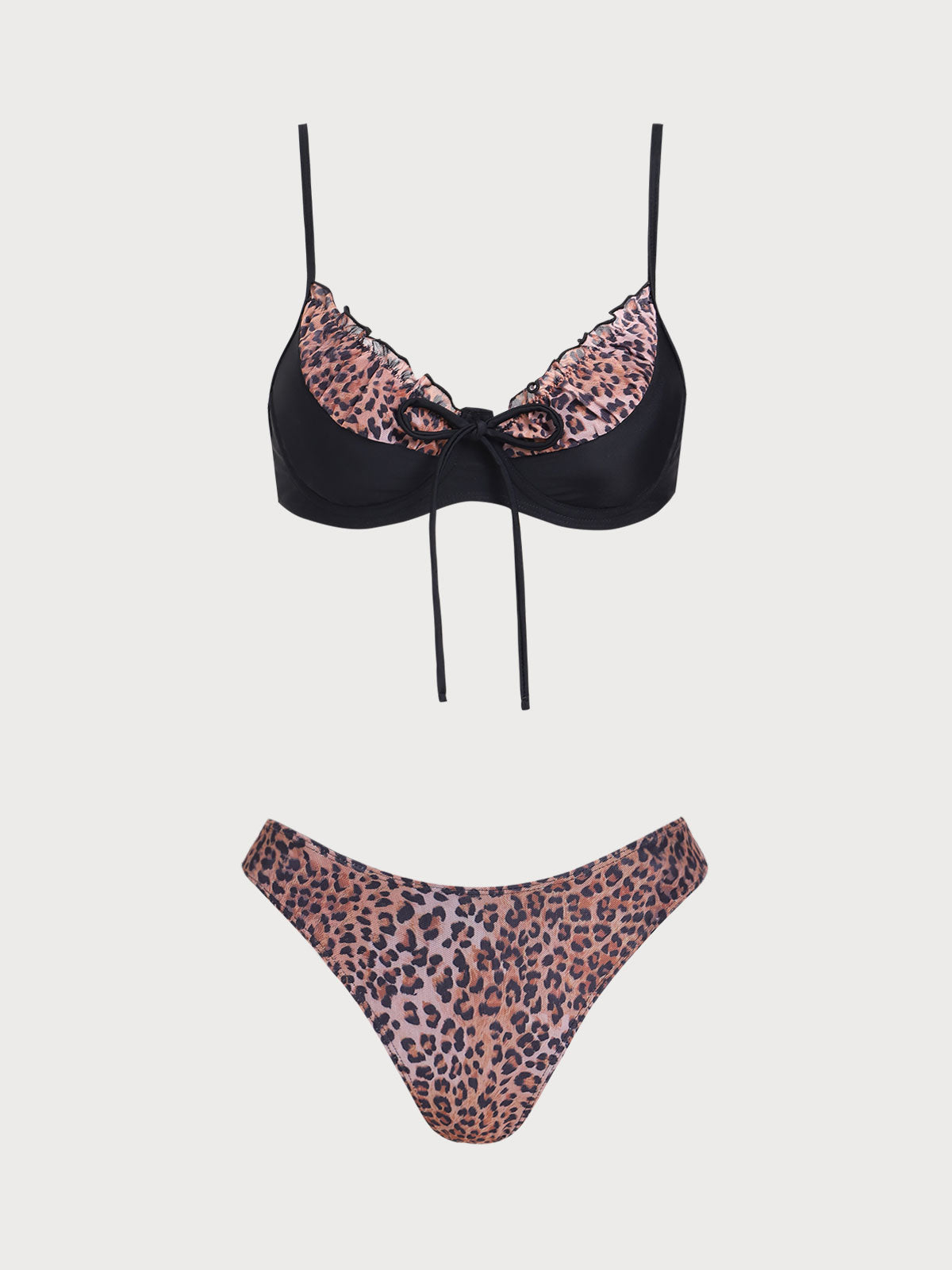 Brown Contrast Leopard Print Shirred Bikini Set