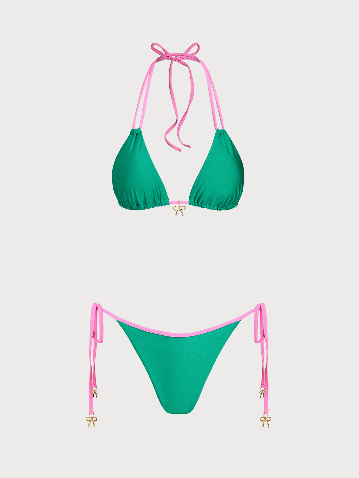 Green Contrast Bow Decorated Bikini Set