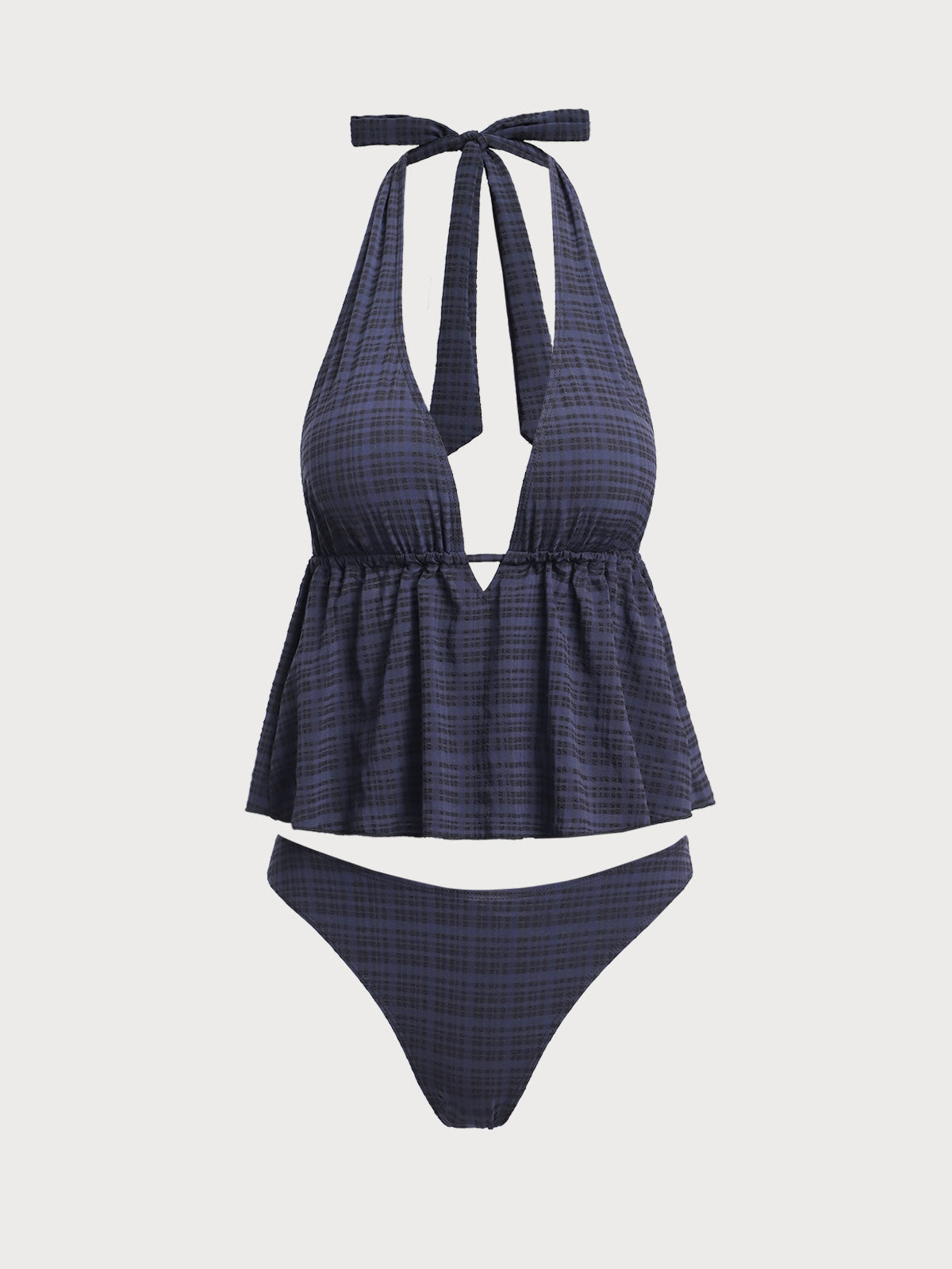 Black Deep V Plaid Tankini Swimsuit