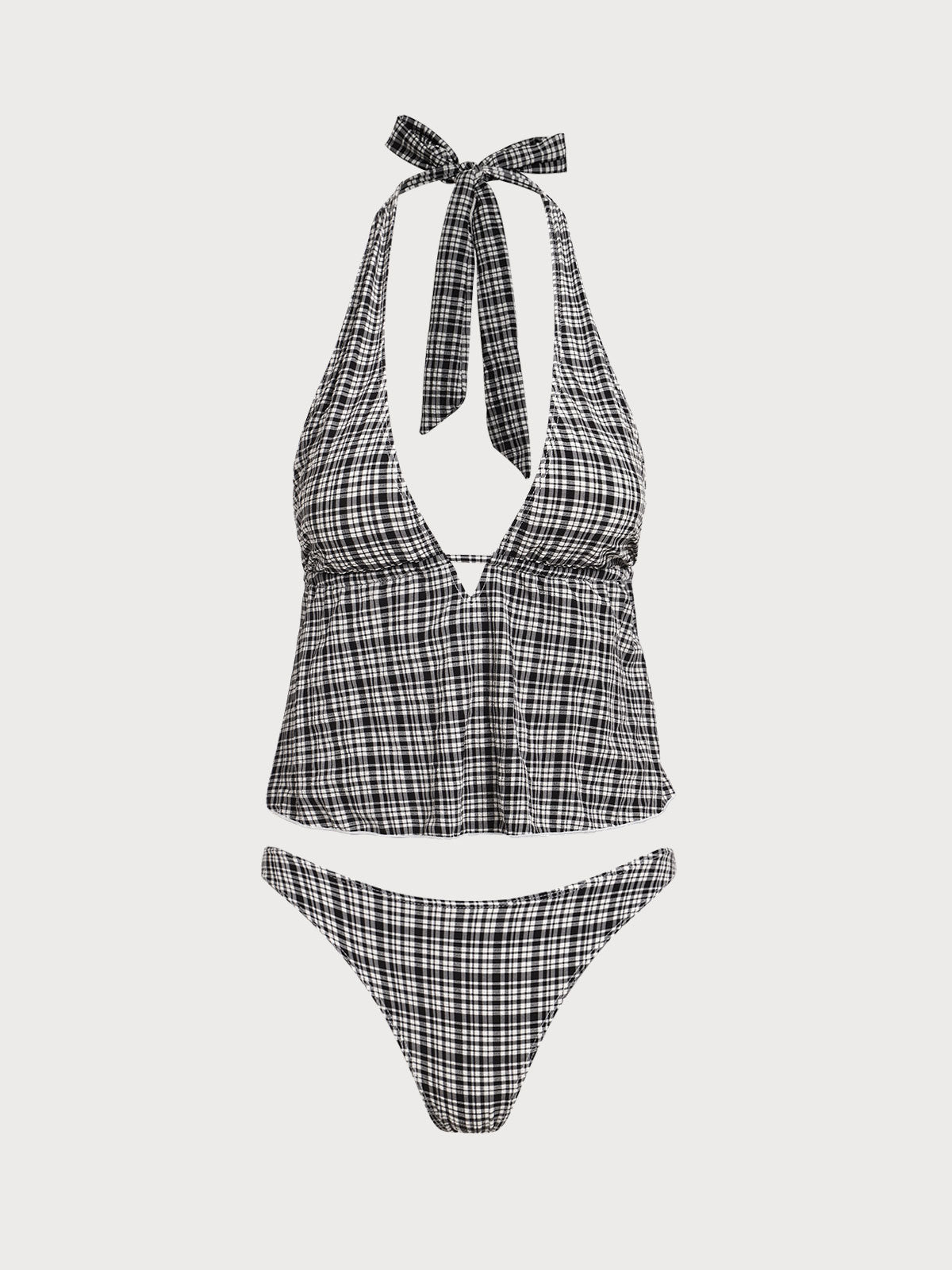 Black Deep V Plaid Tankini Swimsuit