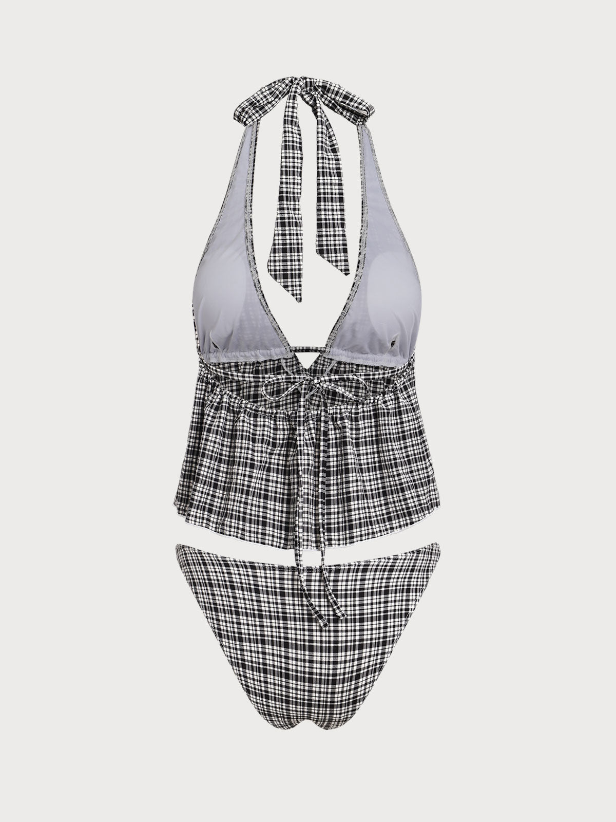 Black Deep V Plaid Tankini Swimsuit