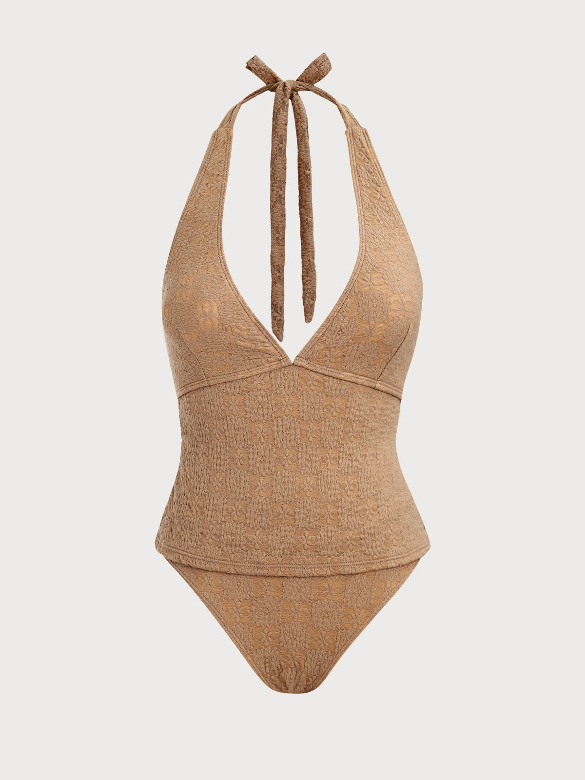 Brown Nylon Knitted Halter Tankini Swimsuit