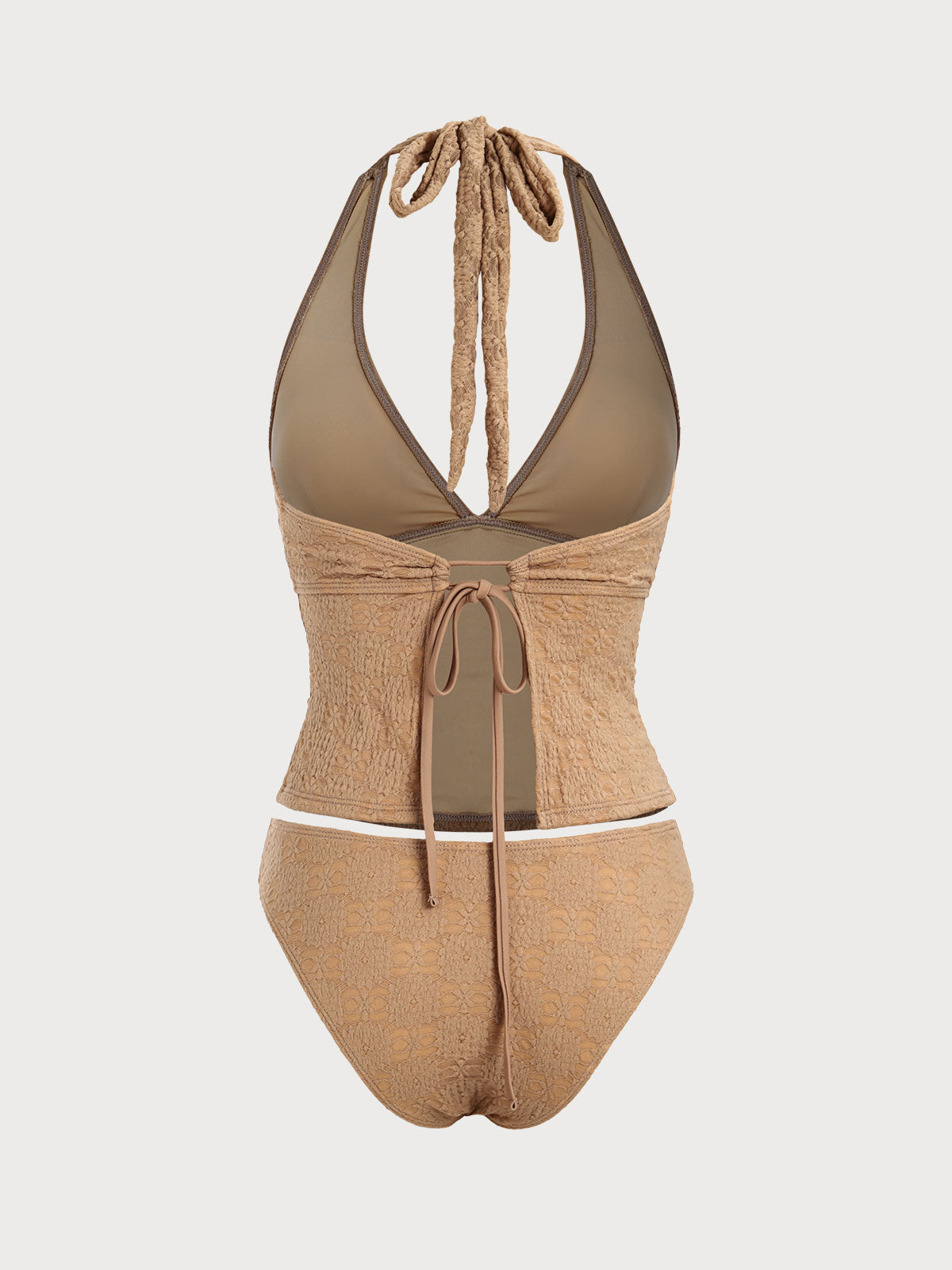 Brown Nylon Knitted Halter Tankini Swimsuit