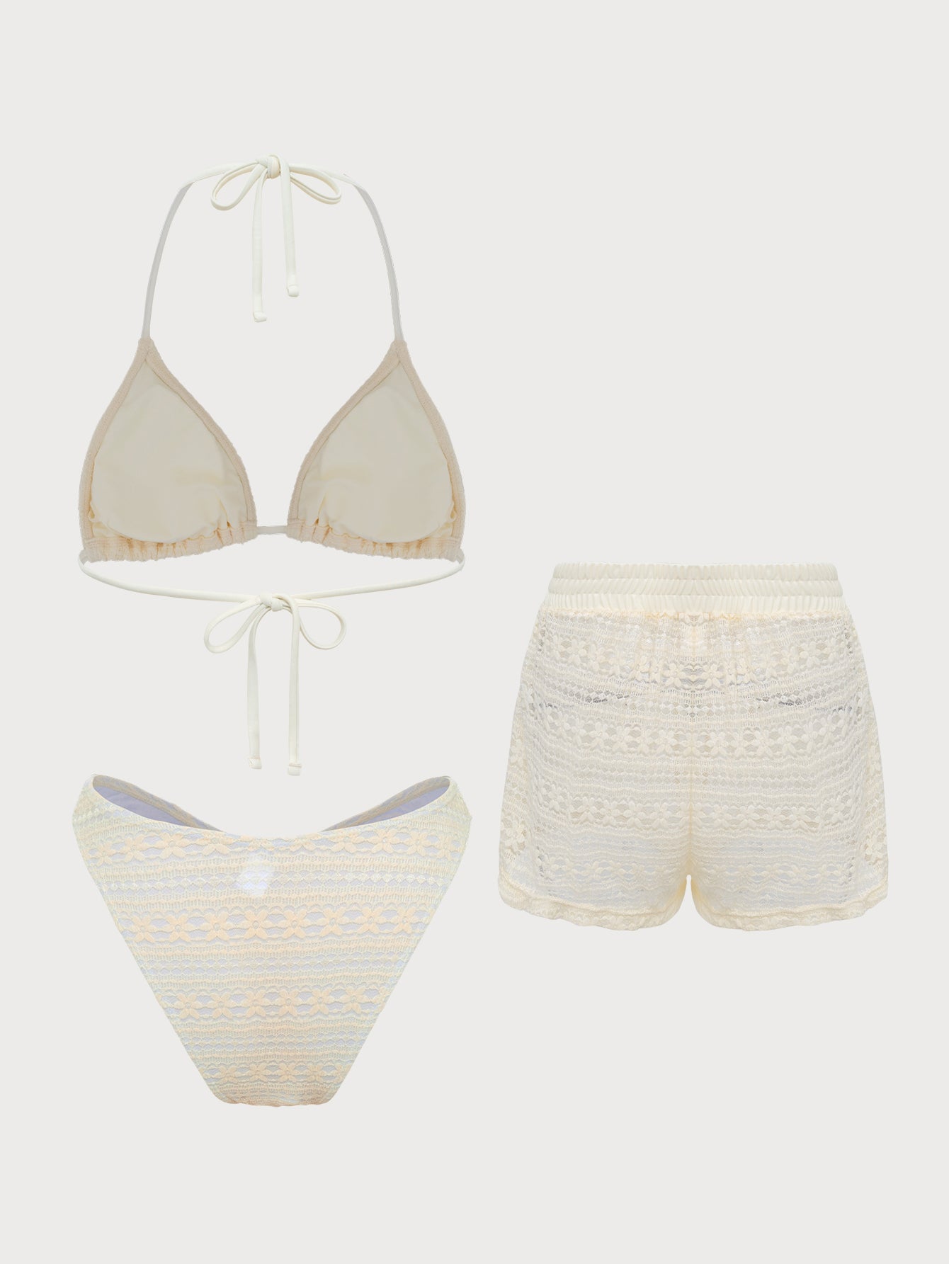 Cream Lace Bikini Briefs Three-Piece Set