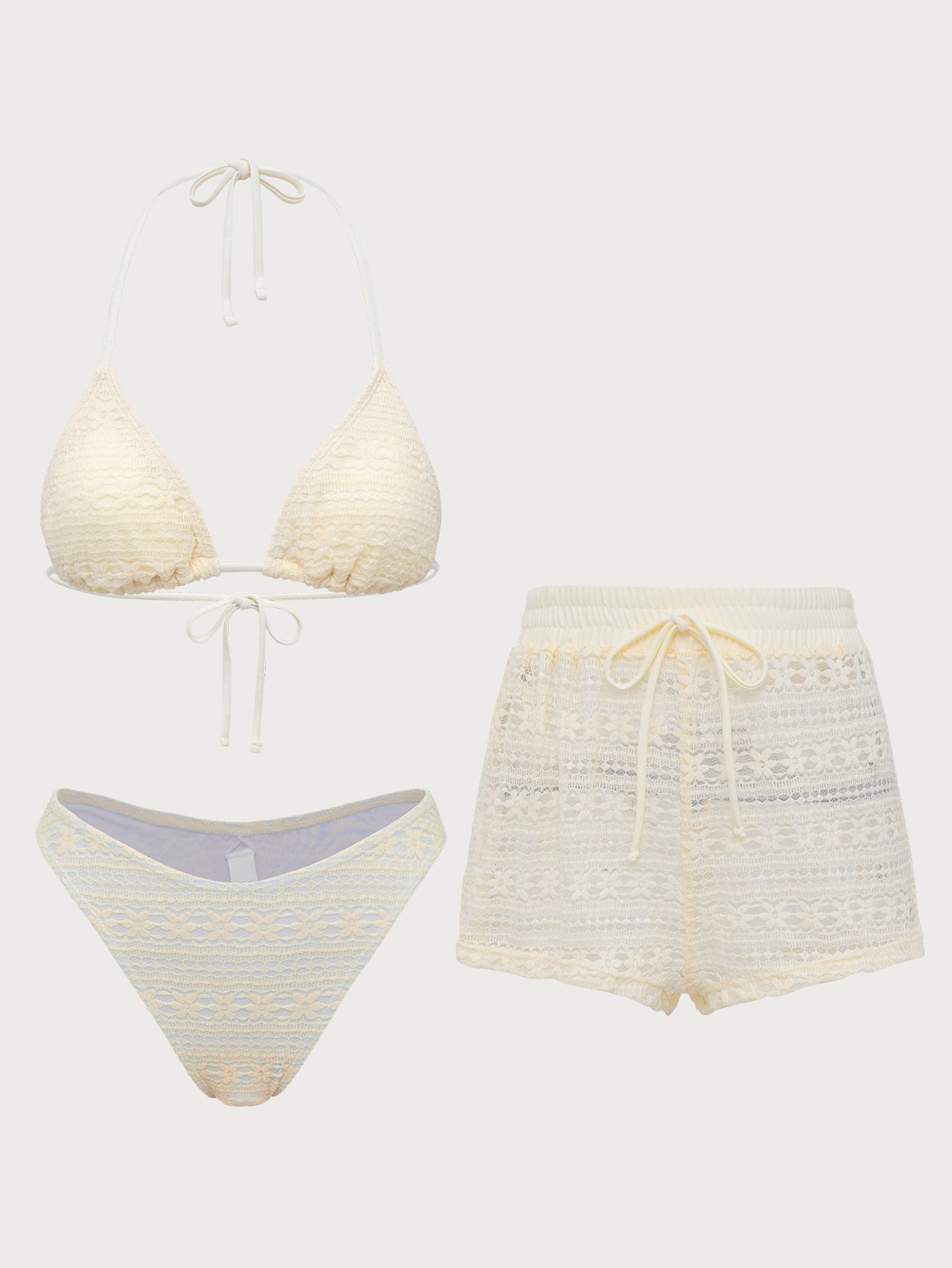 Cream Lace Bikini Briefs Three-Piece Set