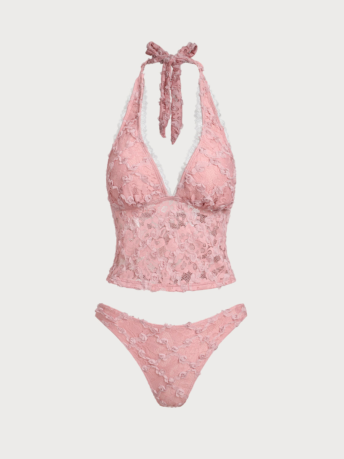 Pink Lace 3D Flower Retro Tankini Set