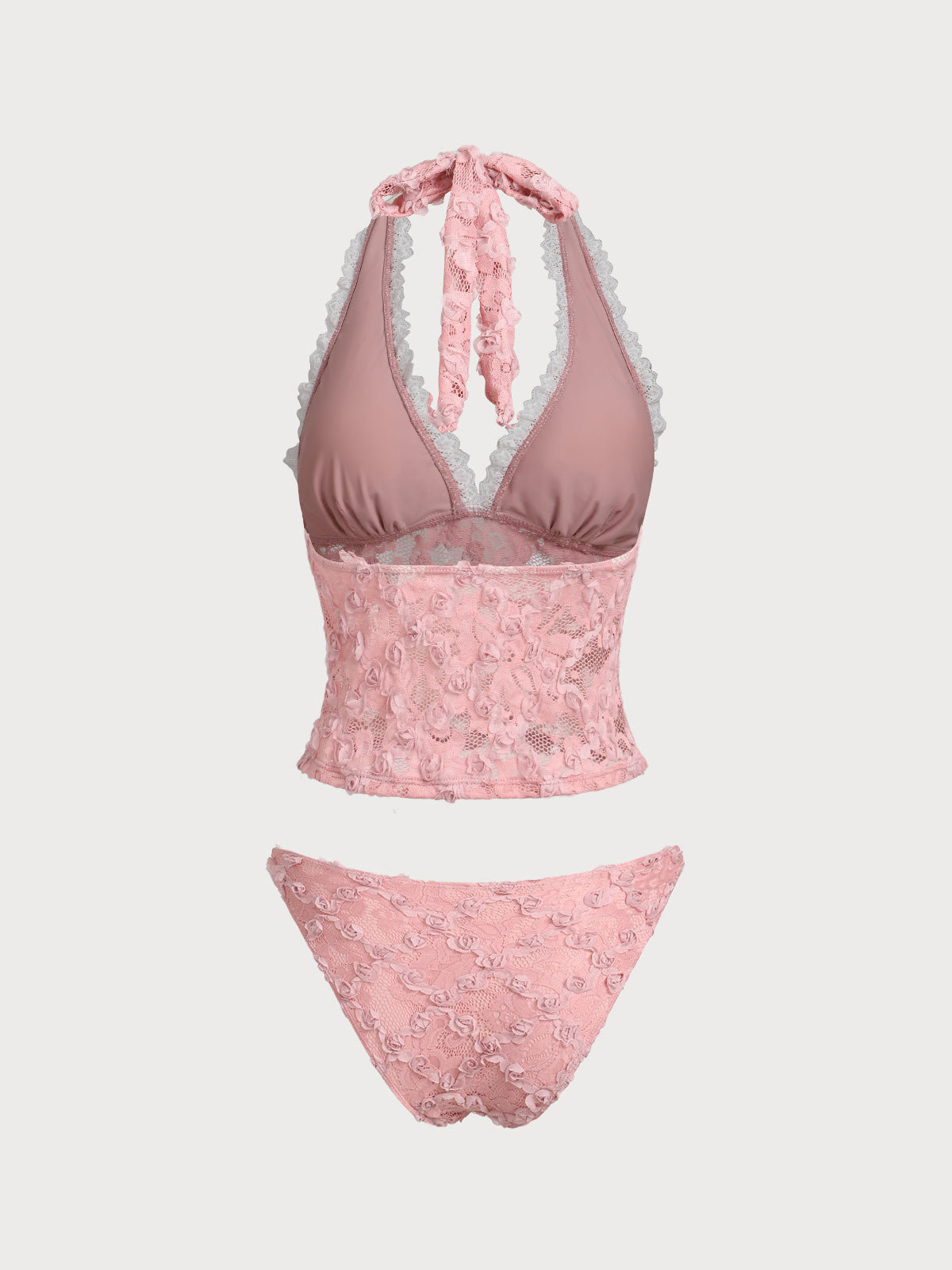 Pink Lace 3D Flower Retro Tankini Set