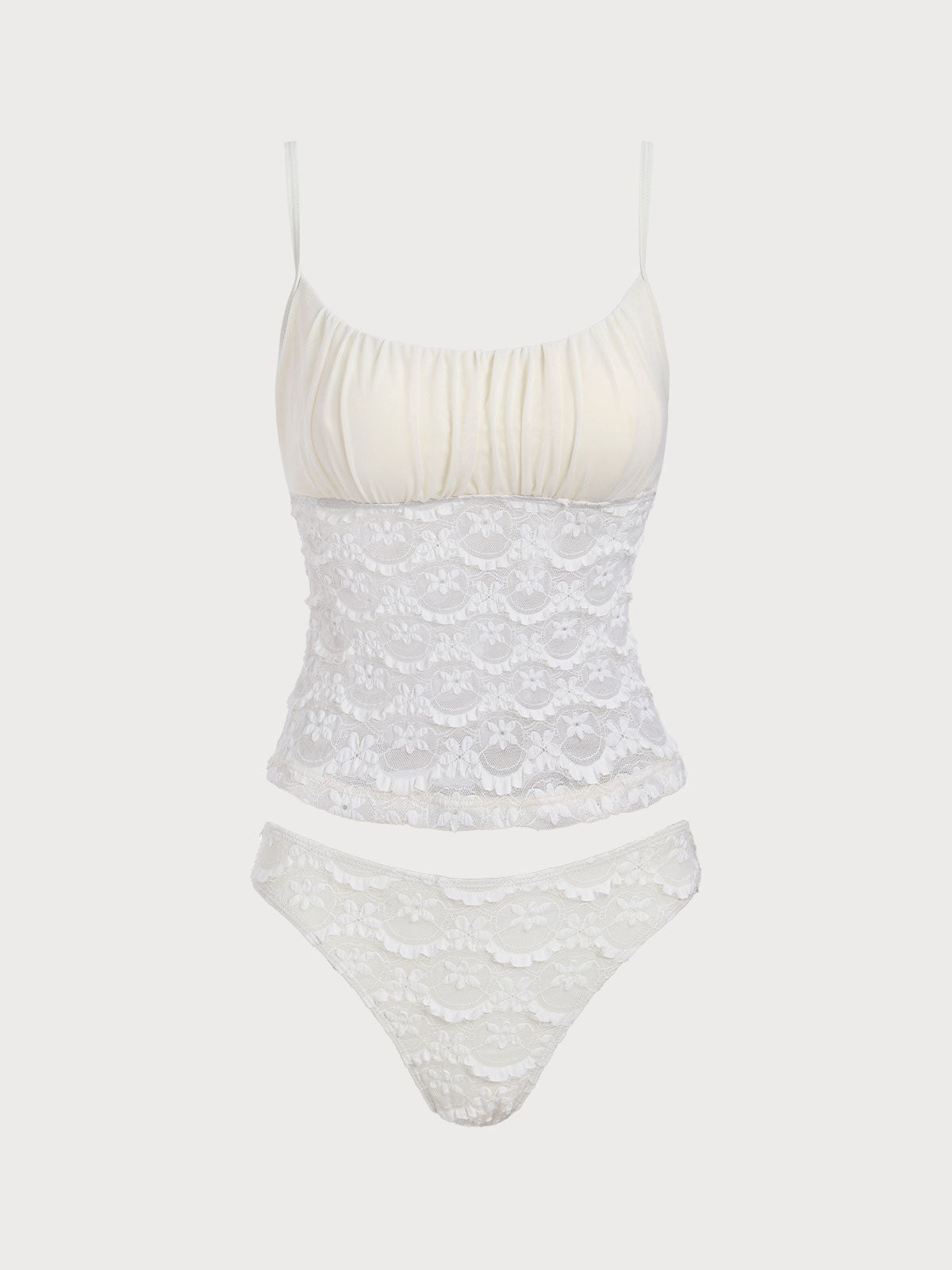 Off White Ruched Hollow Mesh Flower Tankini Swimsuit