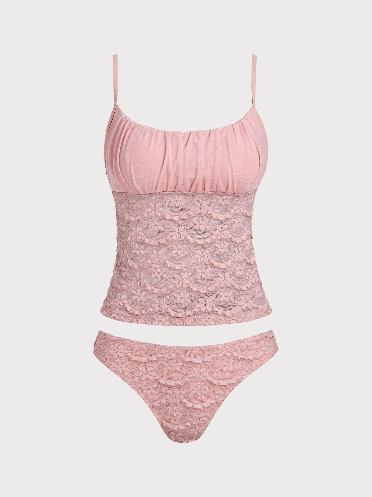 Pink Ruched Hollow Mesh Flower Tankini Swimsuit