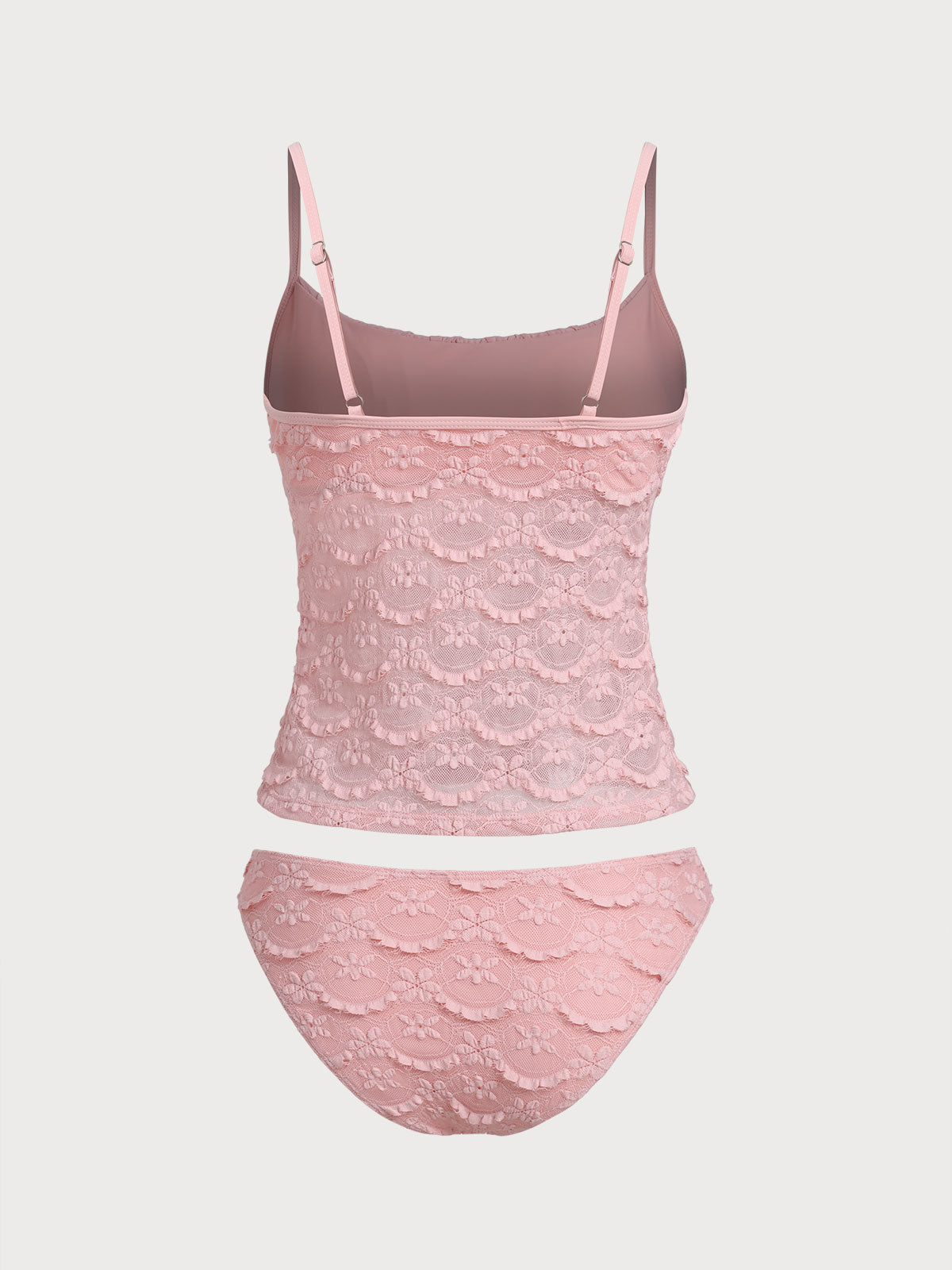 Pink Ruched Hollow Mesh Flower Tankini Swimsuit