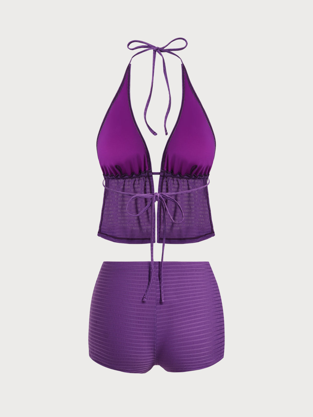 Purple Nylon Knitted Shorts Tankini Set