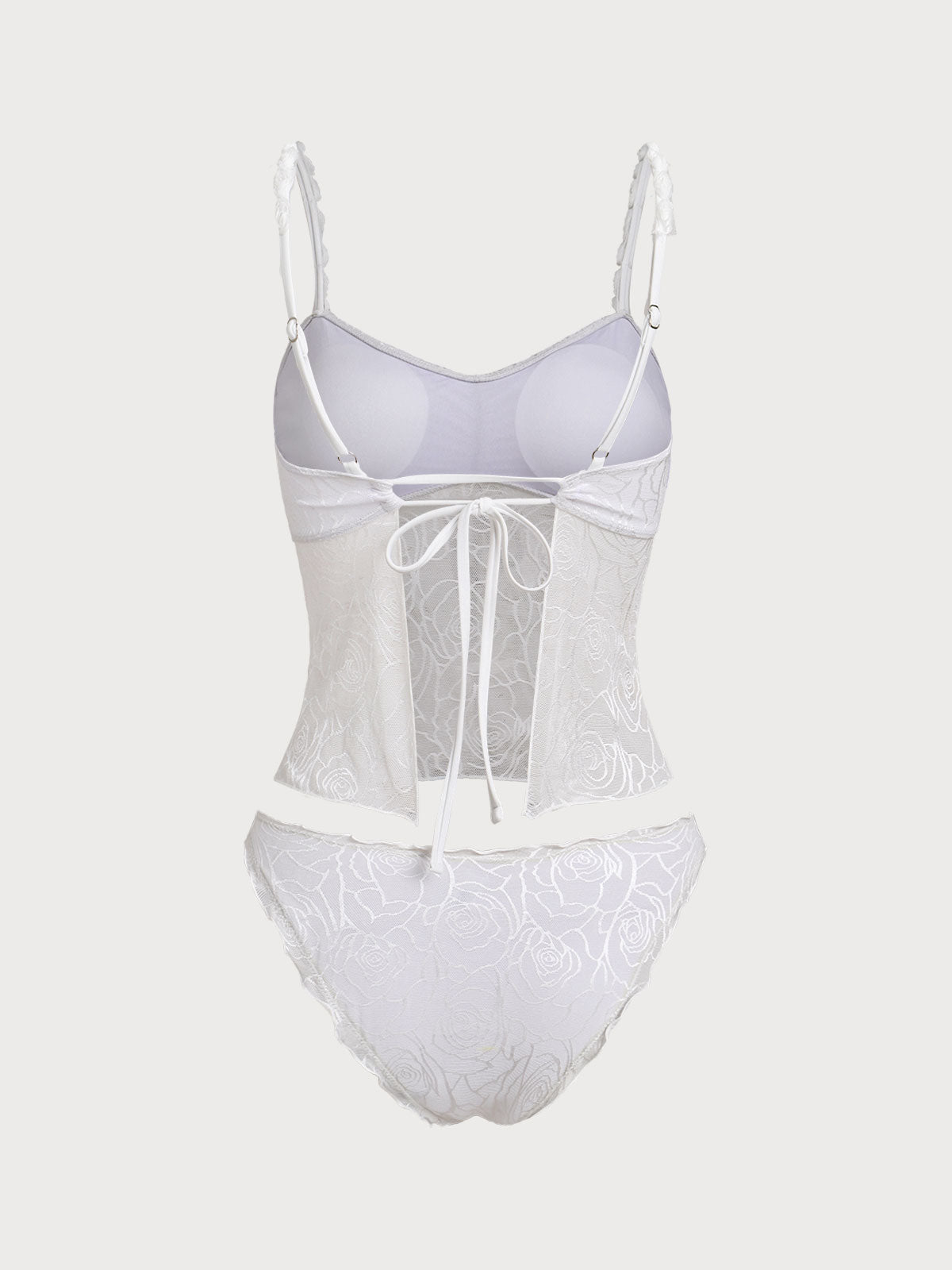 White 3D Flower Strap Lace Tankini Set