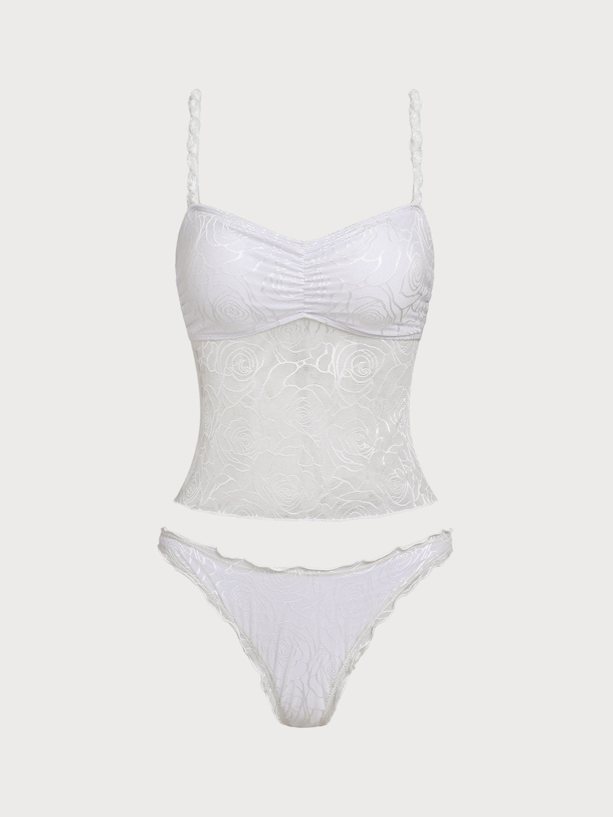 White 3D Flower Strap Lace Tankini Set