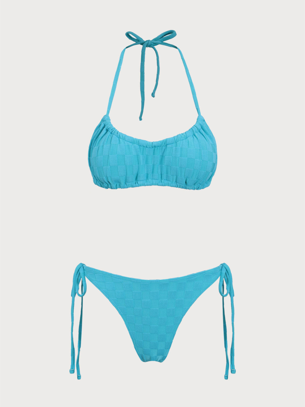 Blue Checkered Ruched Bikini Set