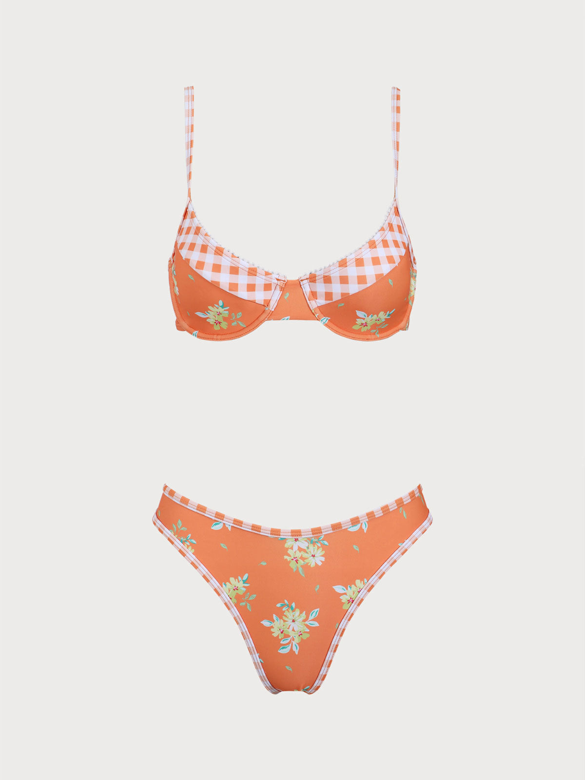 Orange Contrast Floral Plaid Print Bikini Set