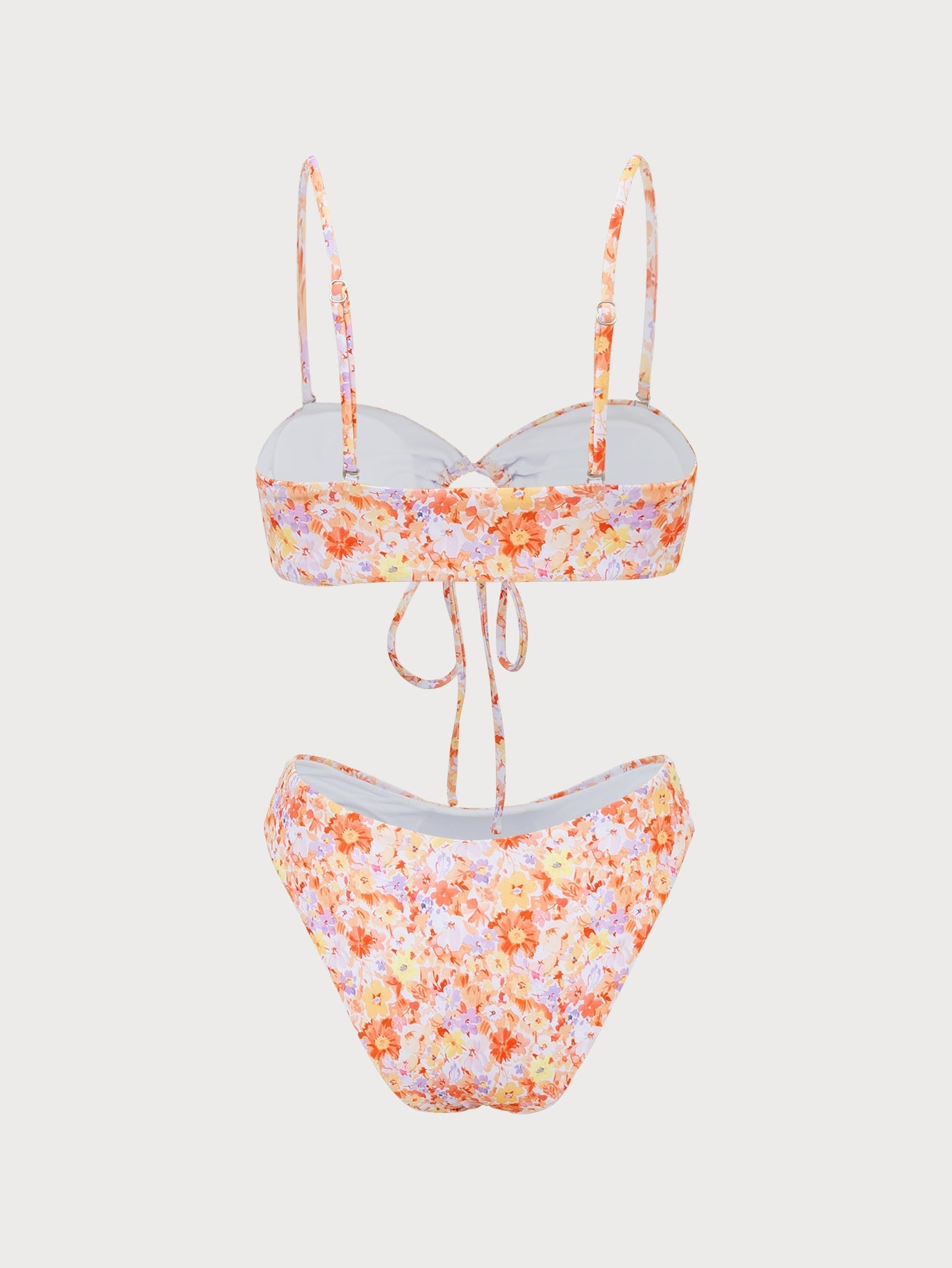Orange Hollow Strap Front Floral Bikini Set