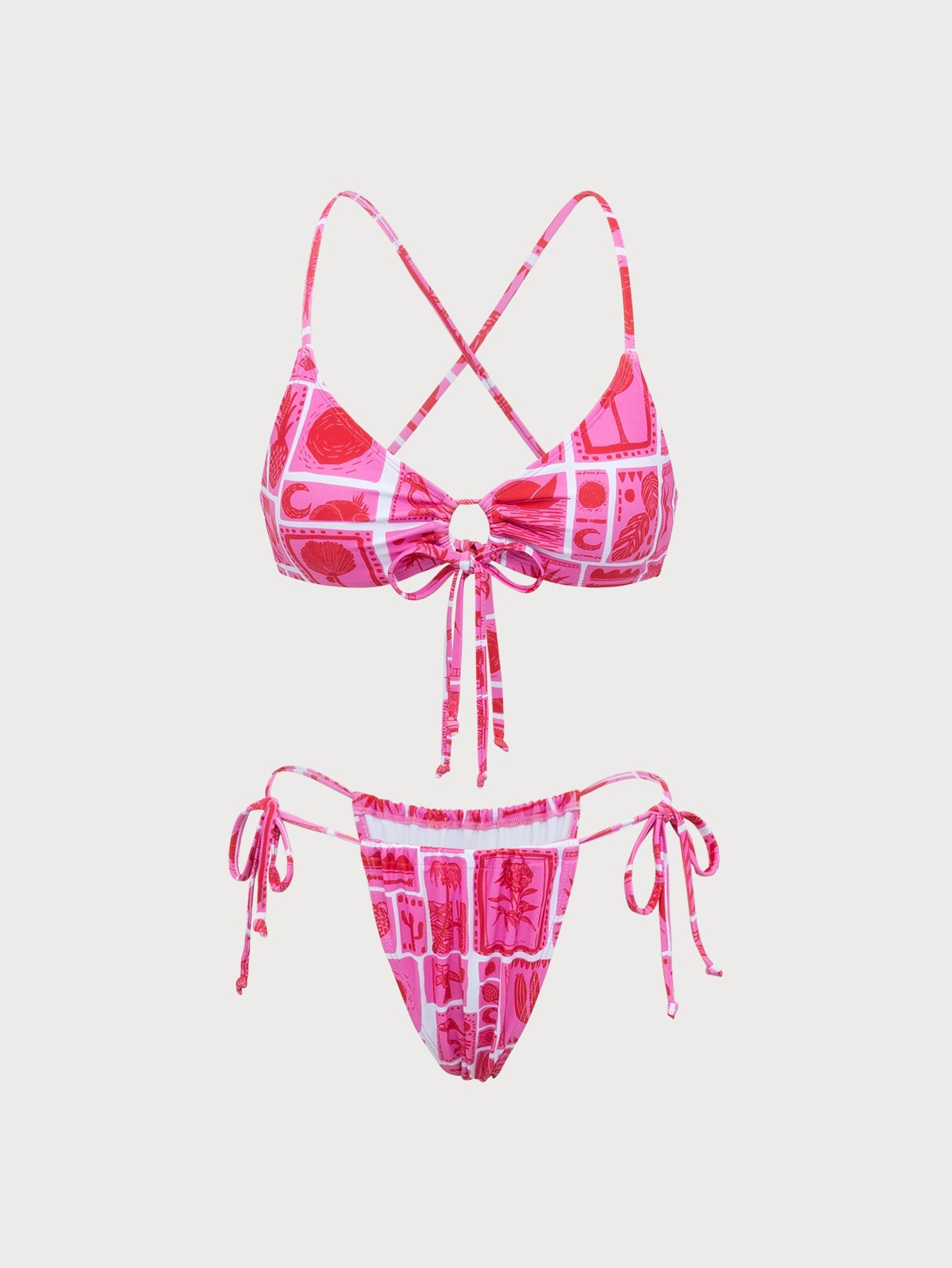 Pink Color Block Print Bikini Set