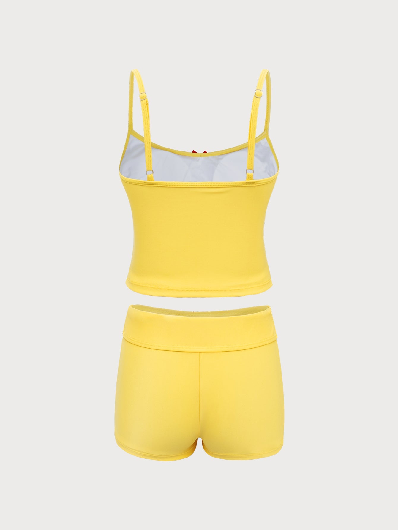 Yellow Knit Contrast Cherry Print Tankini Swimsuit