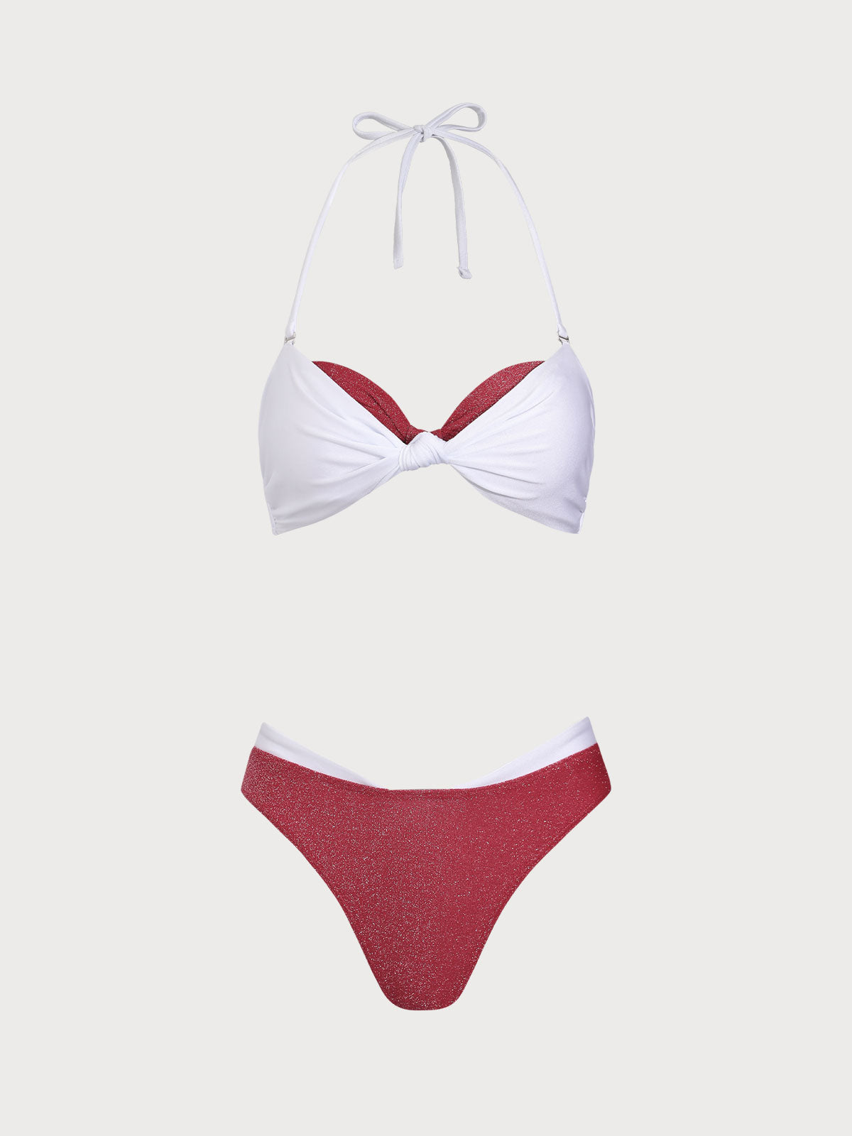 Red Contrast Color Fake Two Piece Bikini Set