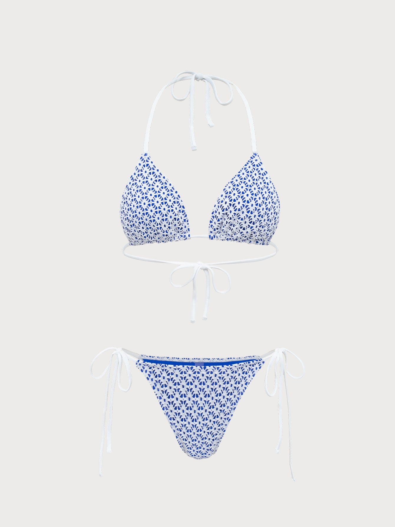 Blue Contrast Color Hollow Mesh Bikini Set