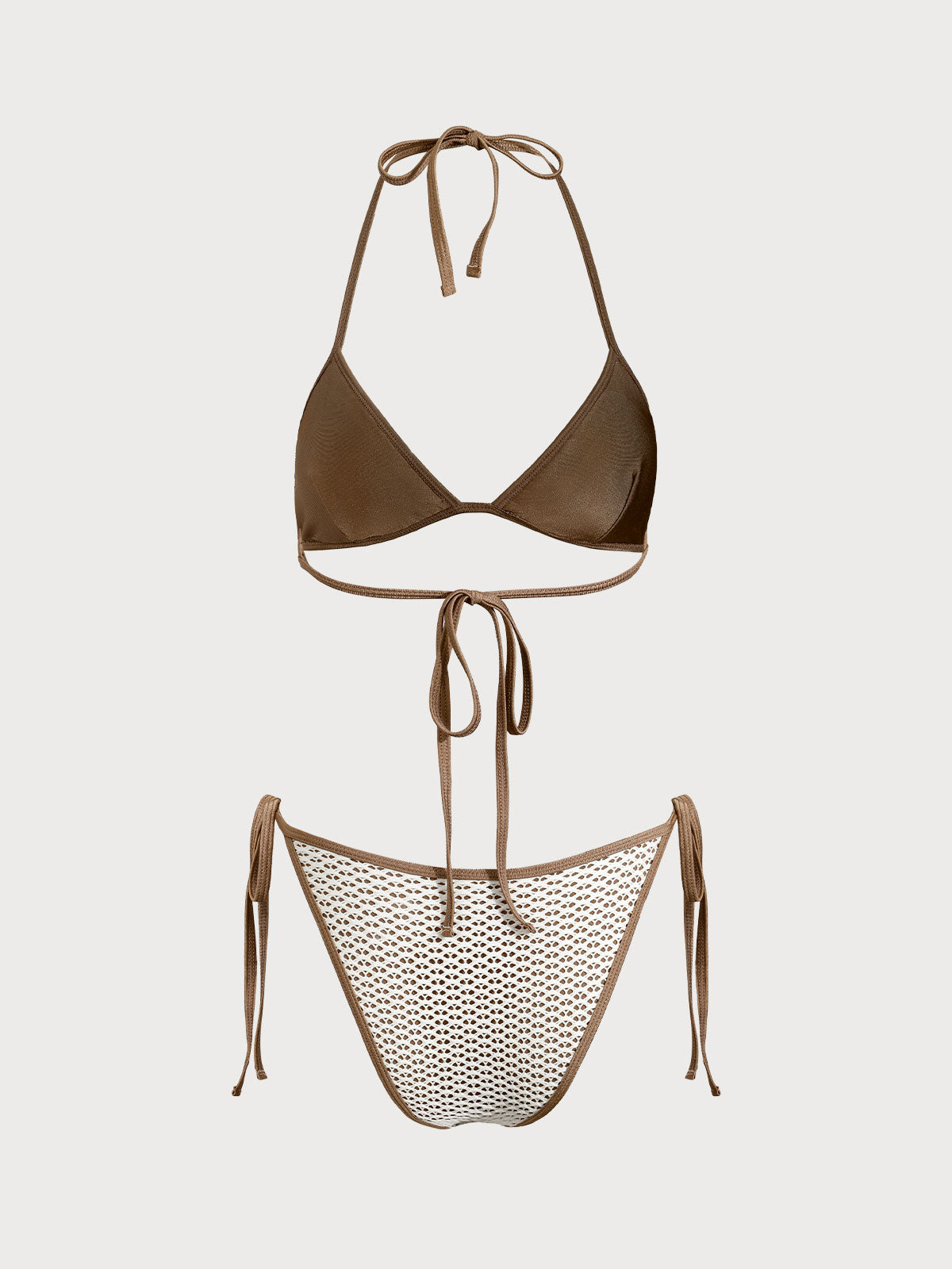 Brown Contrast Color Mesh Bikini Set
