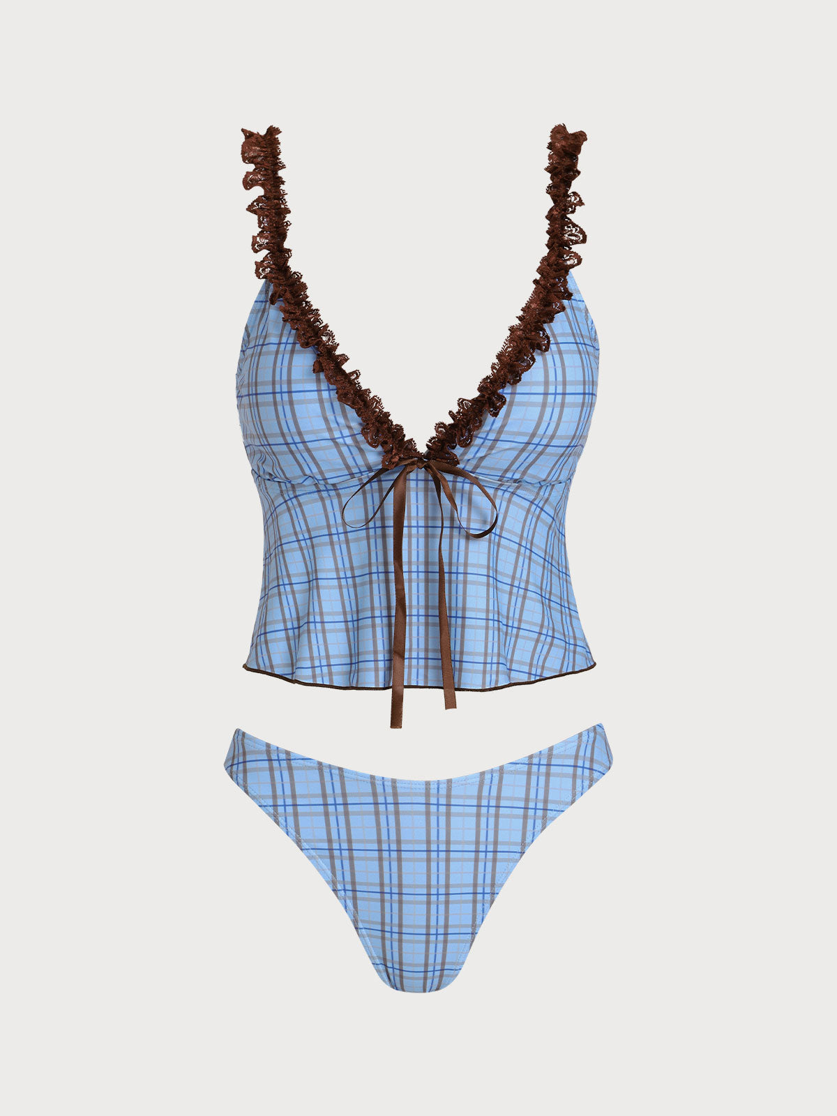 Blue Contrast Lace Plaid Print Tankini Three-Piece Swimsuit