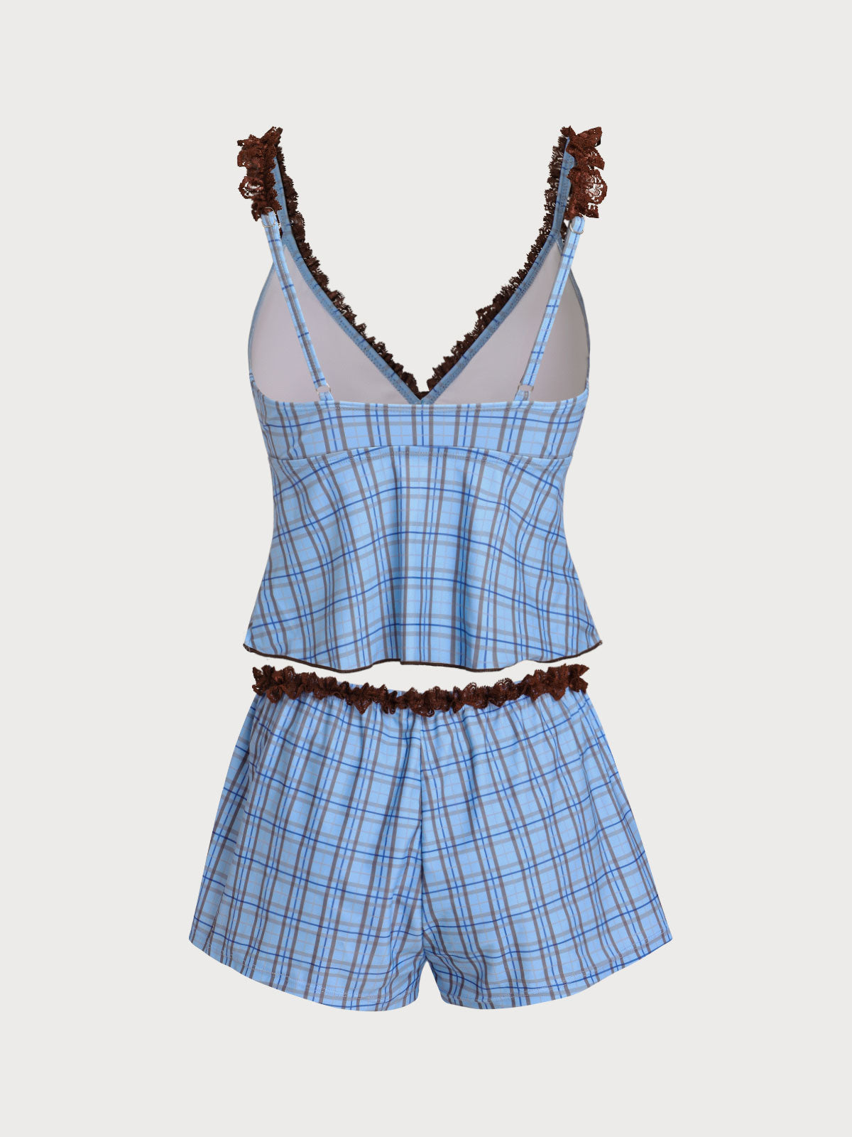Blue Contrast Lace Plaid Print Tankini Three-Piece Swimsuit