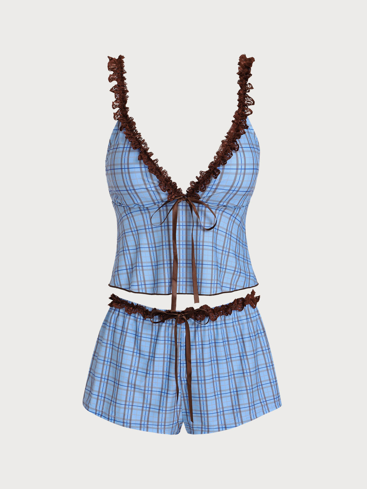 Blue Contrast Lace Plaid Print Tankini Three-Piece Swimsuit