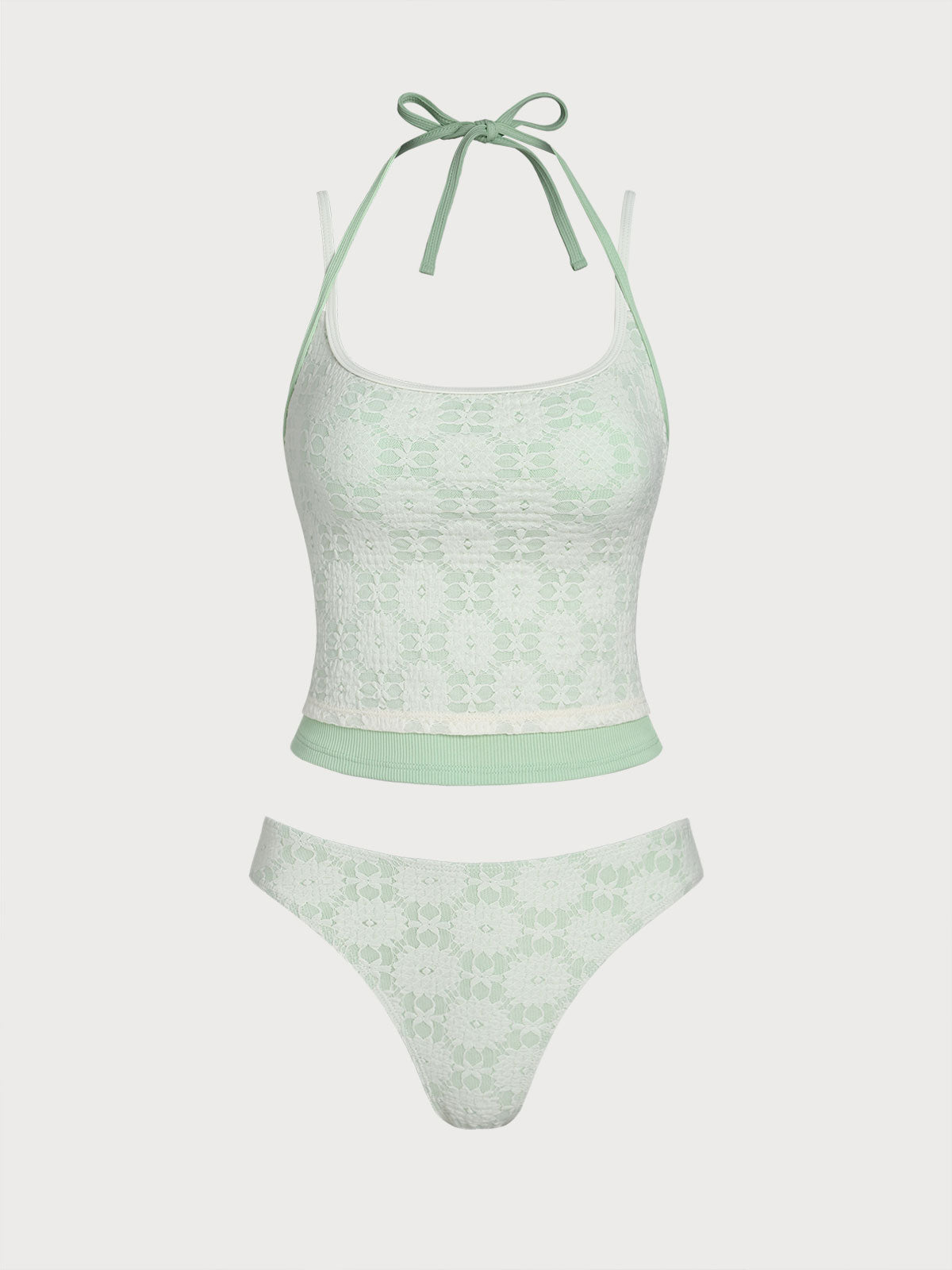Light Green Contrast Lace Tankini Swimsuit