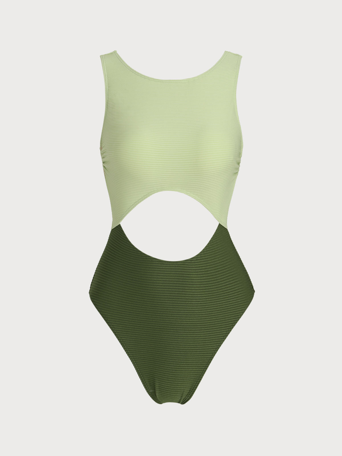 Green Contrast Ribbed Hollow One-Piece Swimsuit