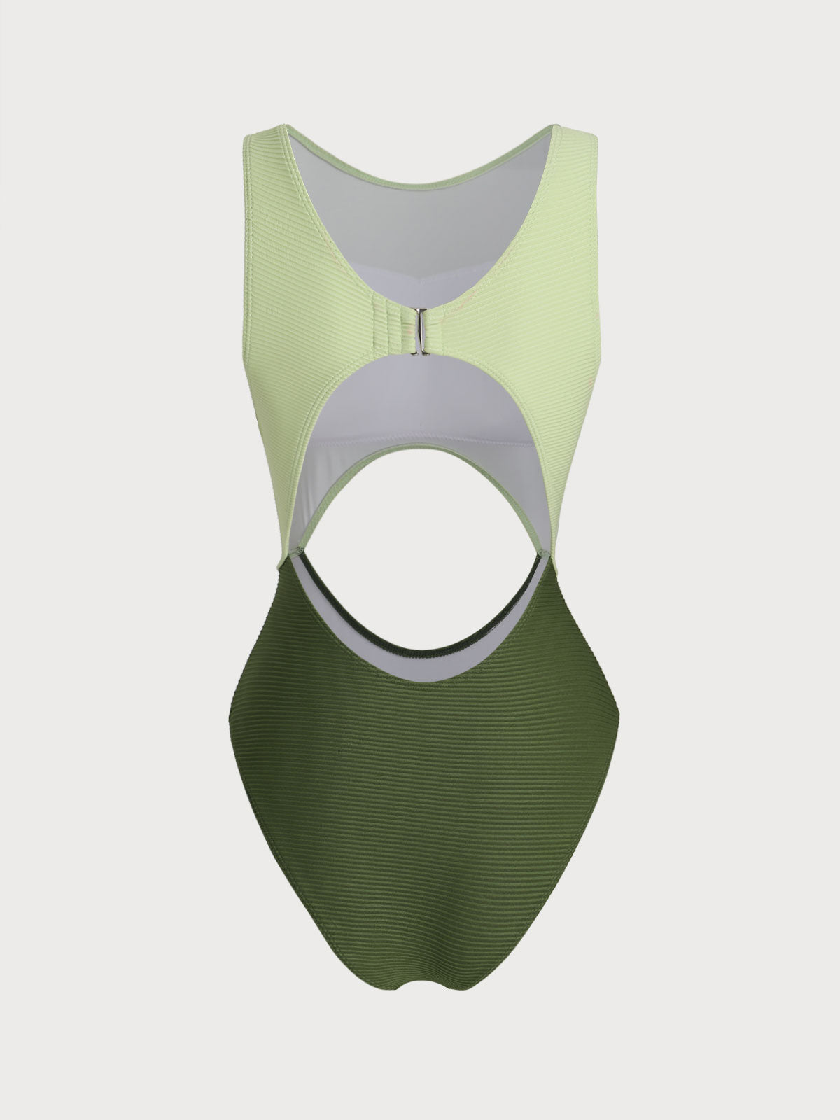 Green Contrast Ribbed Hollow One-Piece Swimsuit