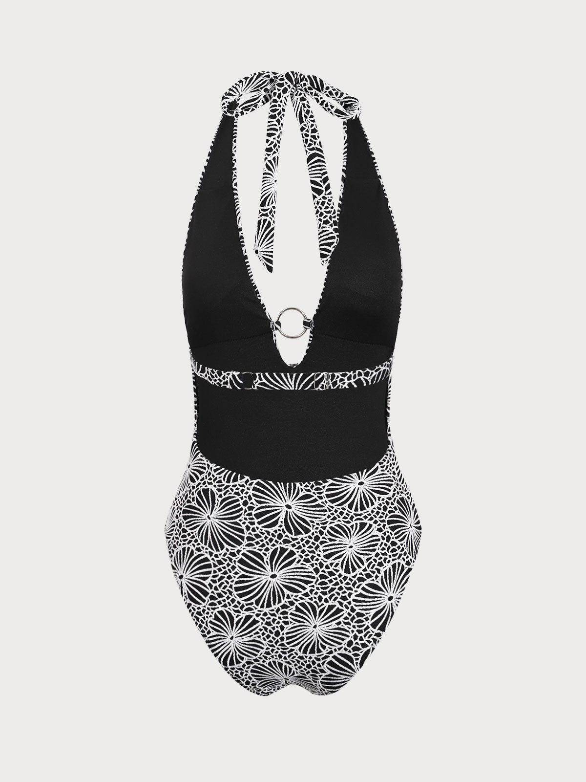 Black Jacquard V-Neck One-Piece Swimsuit