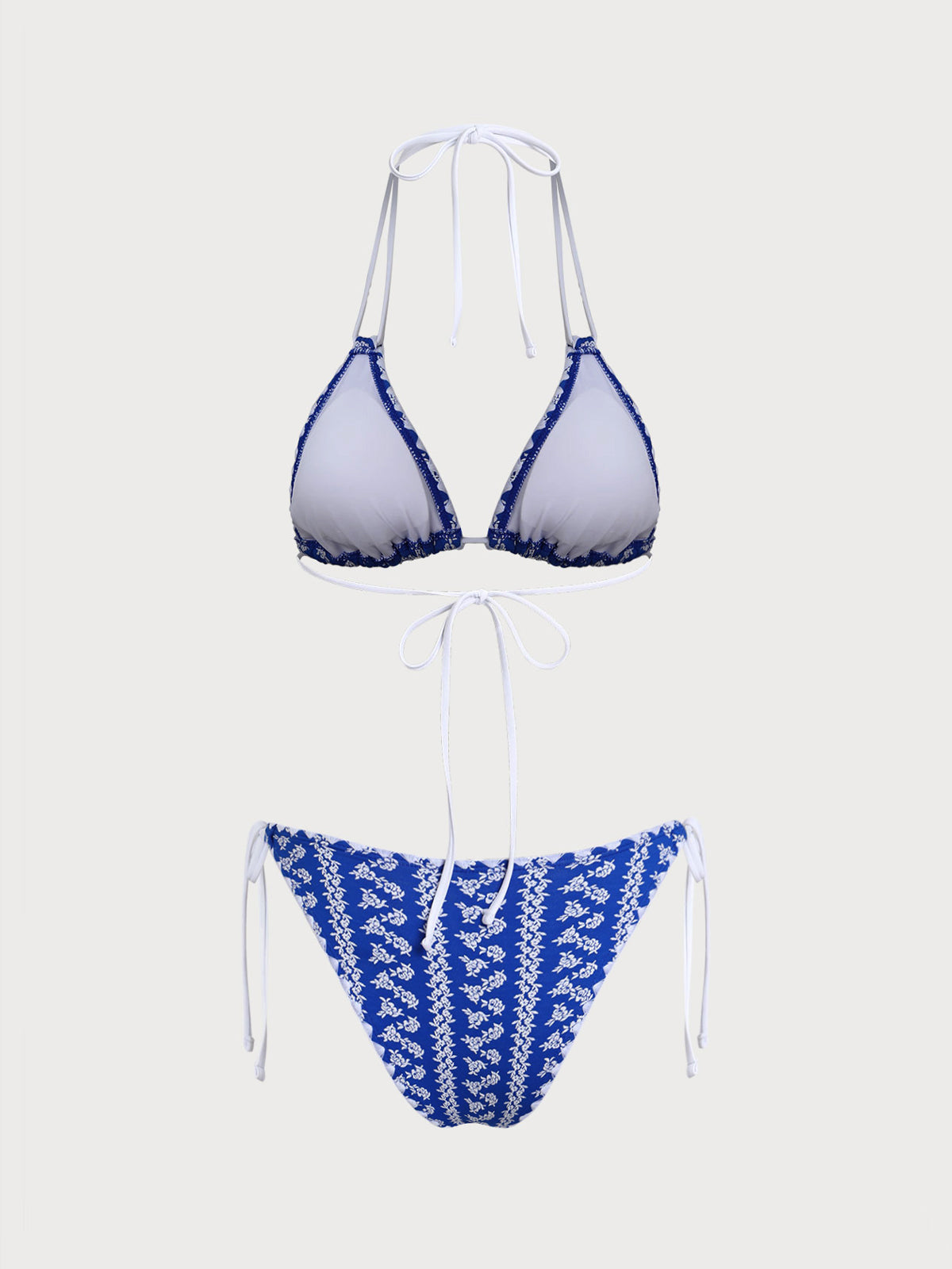 Blue Contrast Vintage Textured Floral Bikini Set