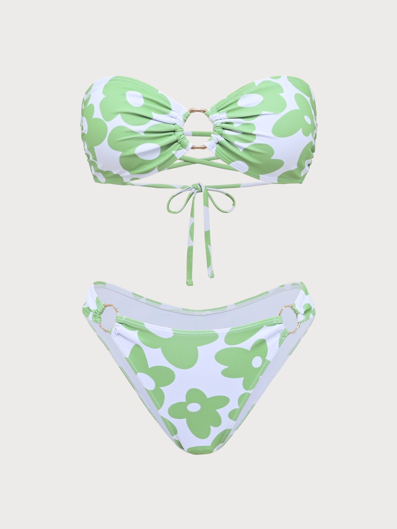 Green Floral Strapless Bikini Set