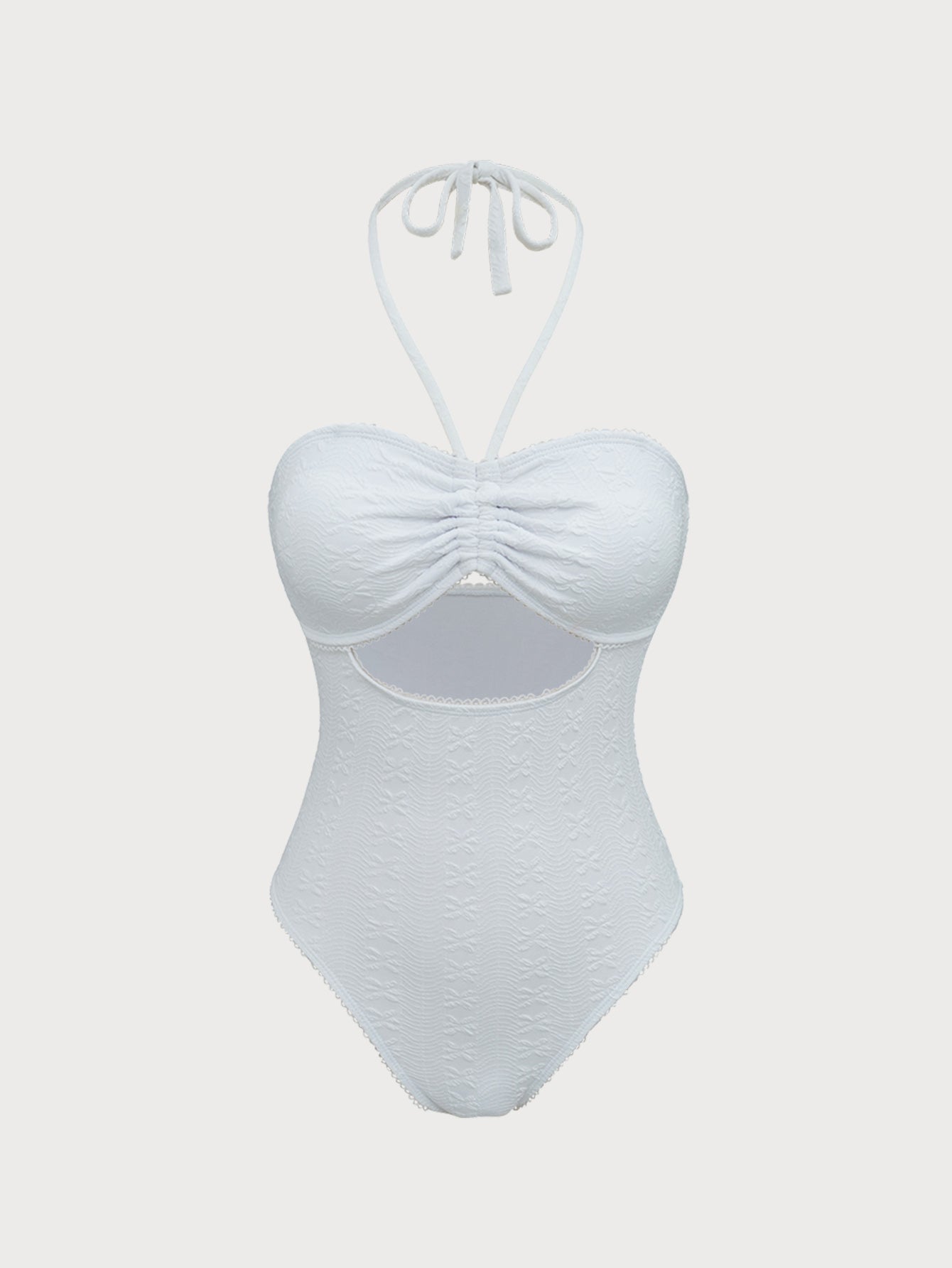 White Jacquard Ruched One-Piece Swimsuit