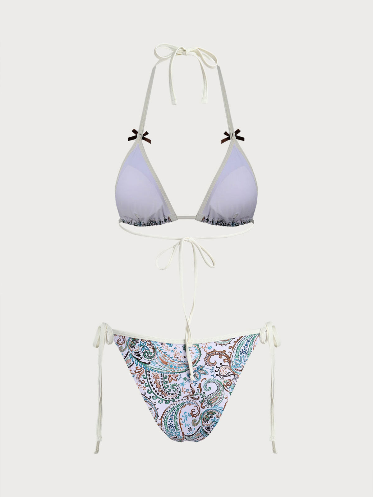 Green Paisley Print Contrast Bow Bikini Set