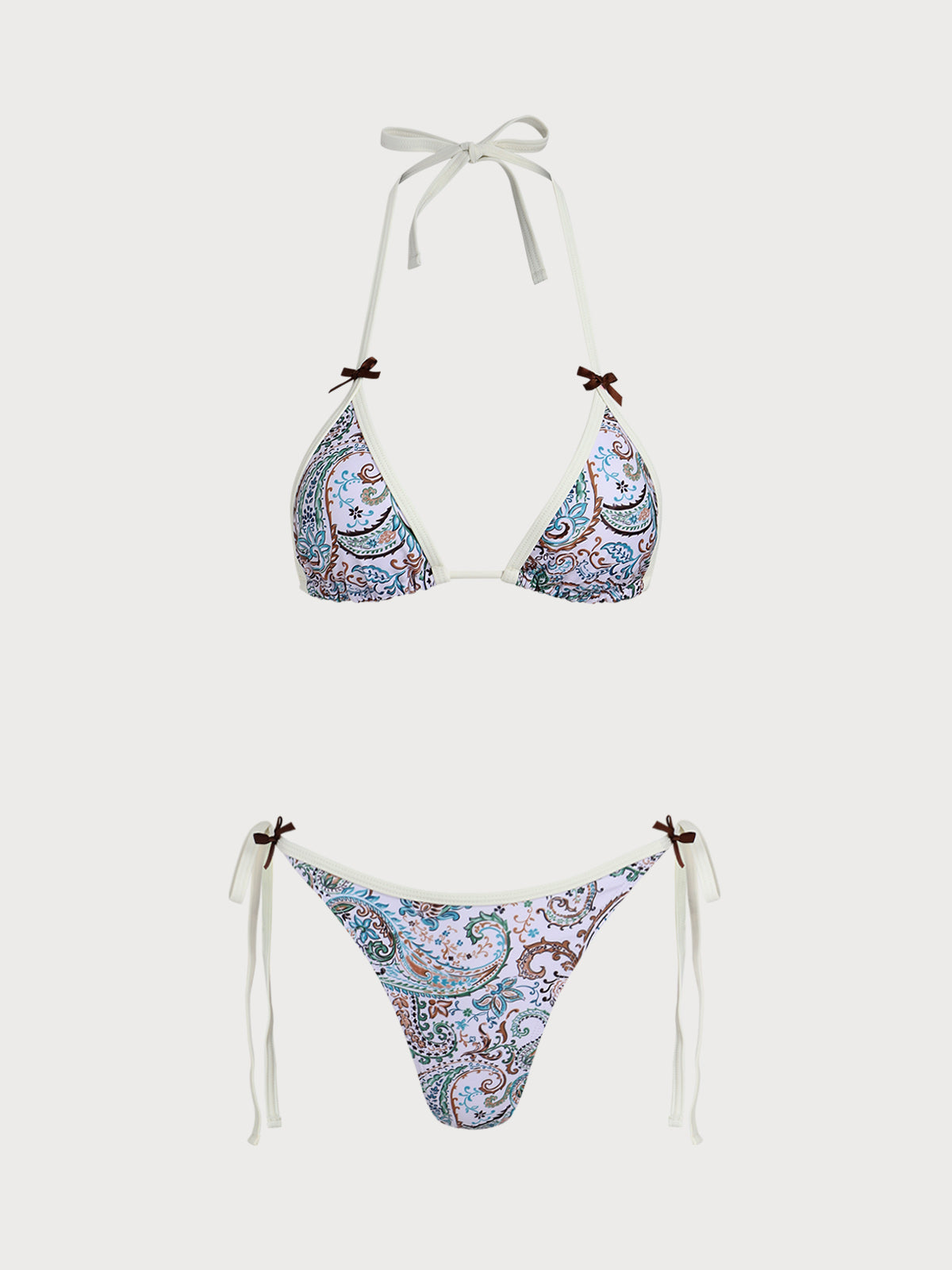 Green Paisley Print Contrast Bow Bikini Set