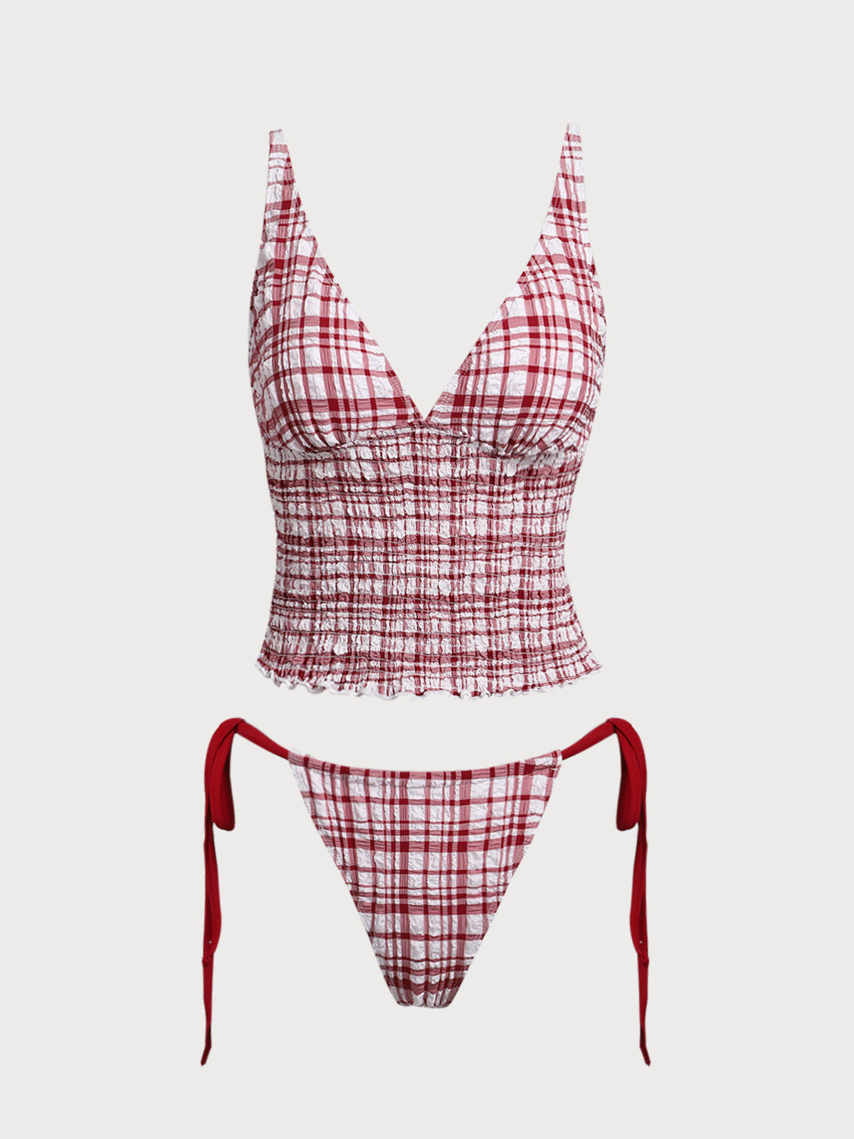 Red Plaid Ruched Tankini Swimsuit
