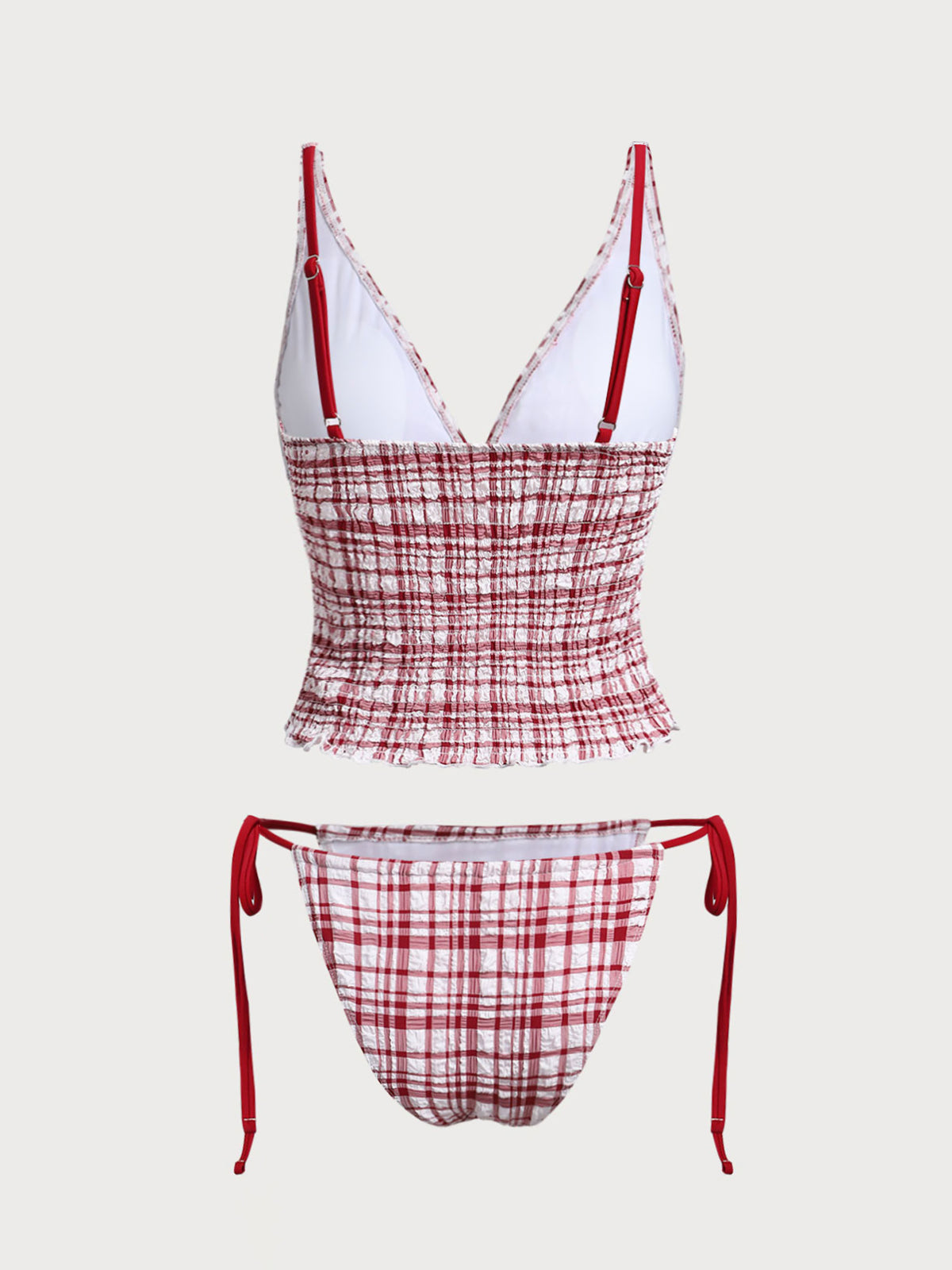 Red Plaid Ruched Tankini Swimsuit