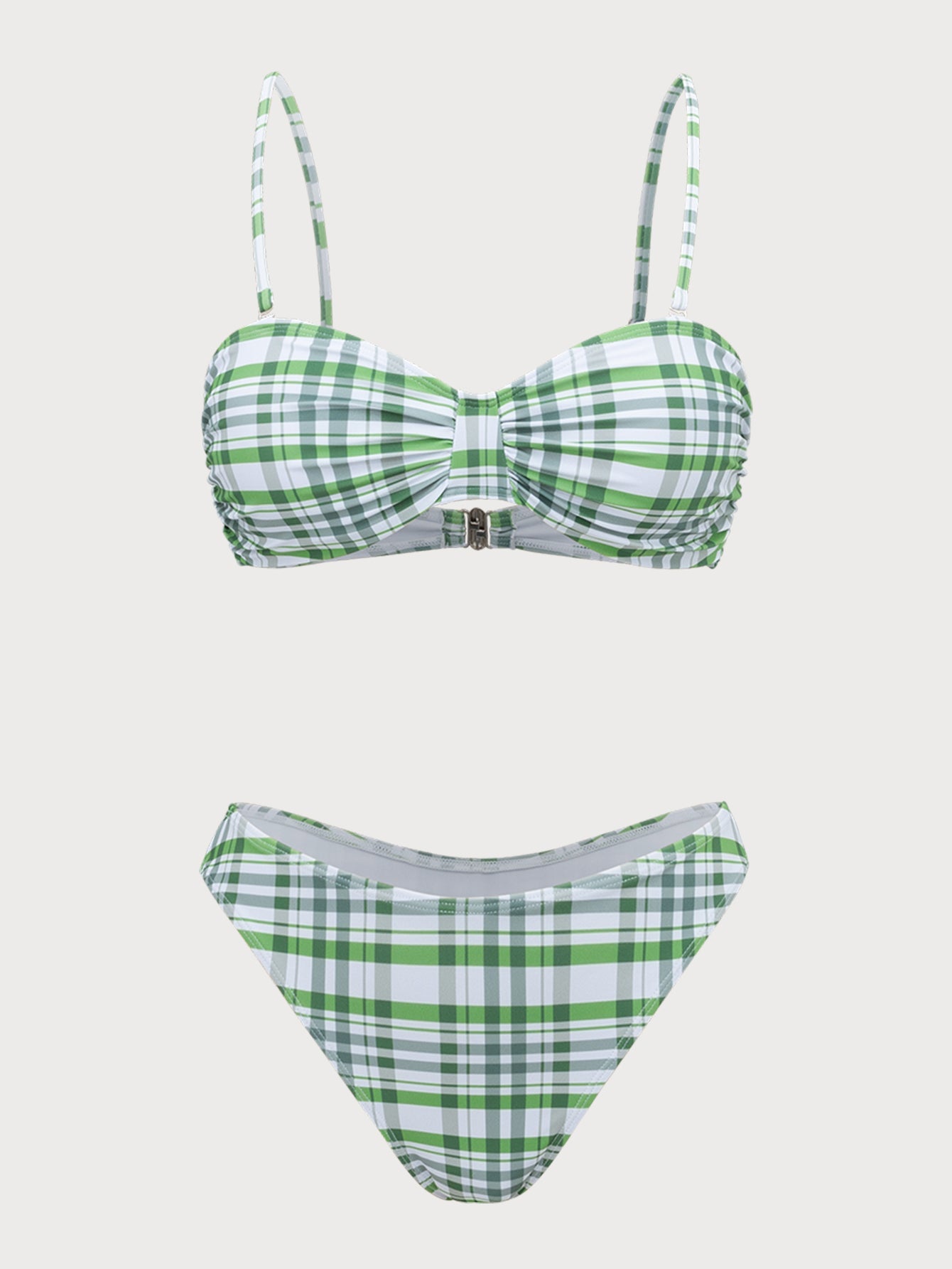 Greeb Plaid Ruched Bikini Set