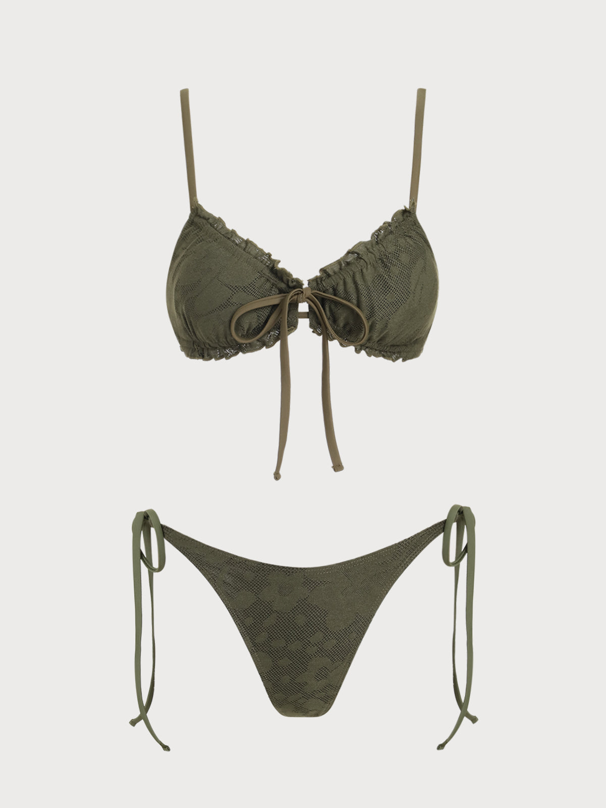 Army Green Ruffle Front Tie Bikini Set