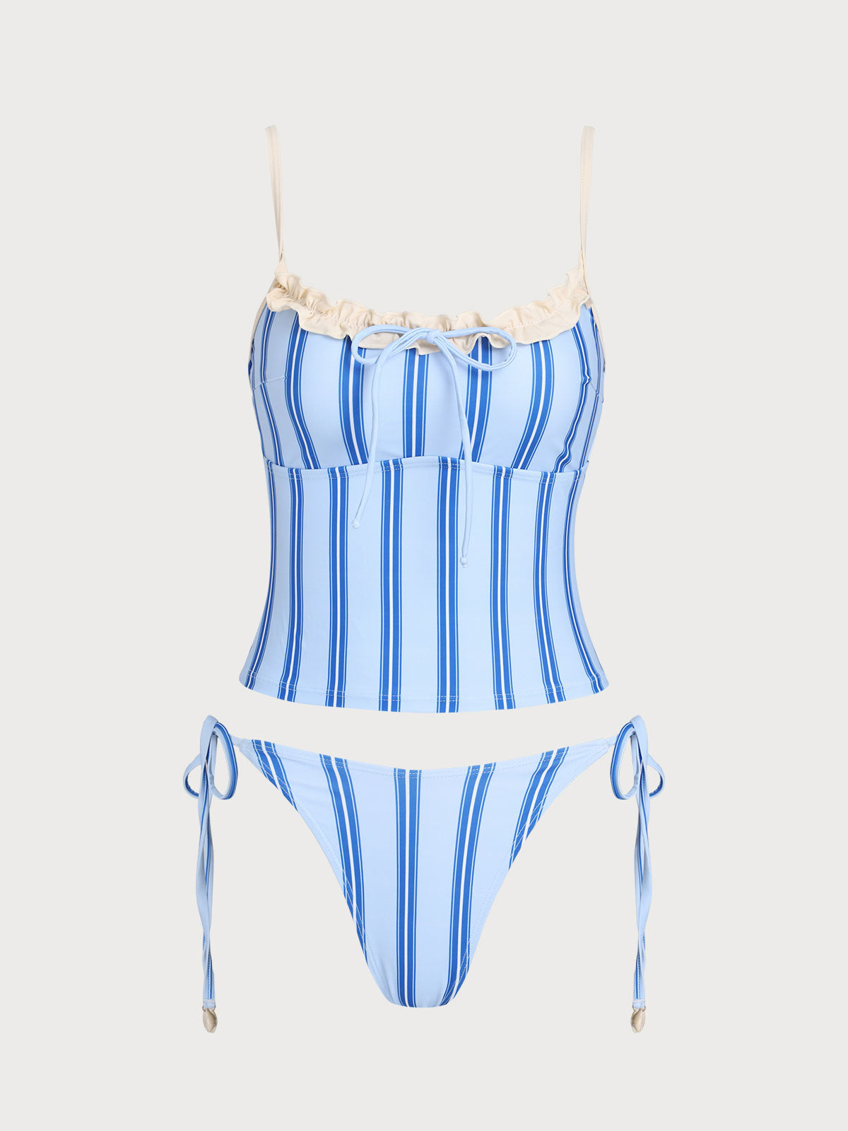 Blue Striped Contrast Tankini Swimsuit