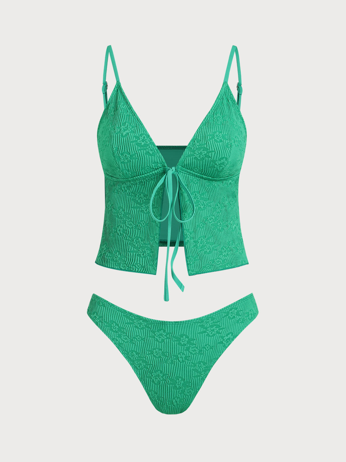 Green Tie Front Jacquard Tankini Set