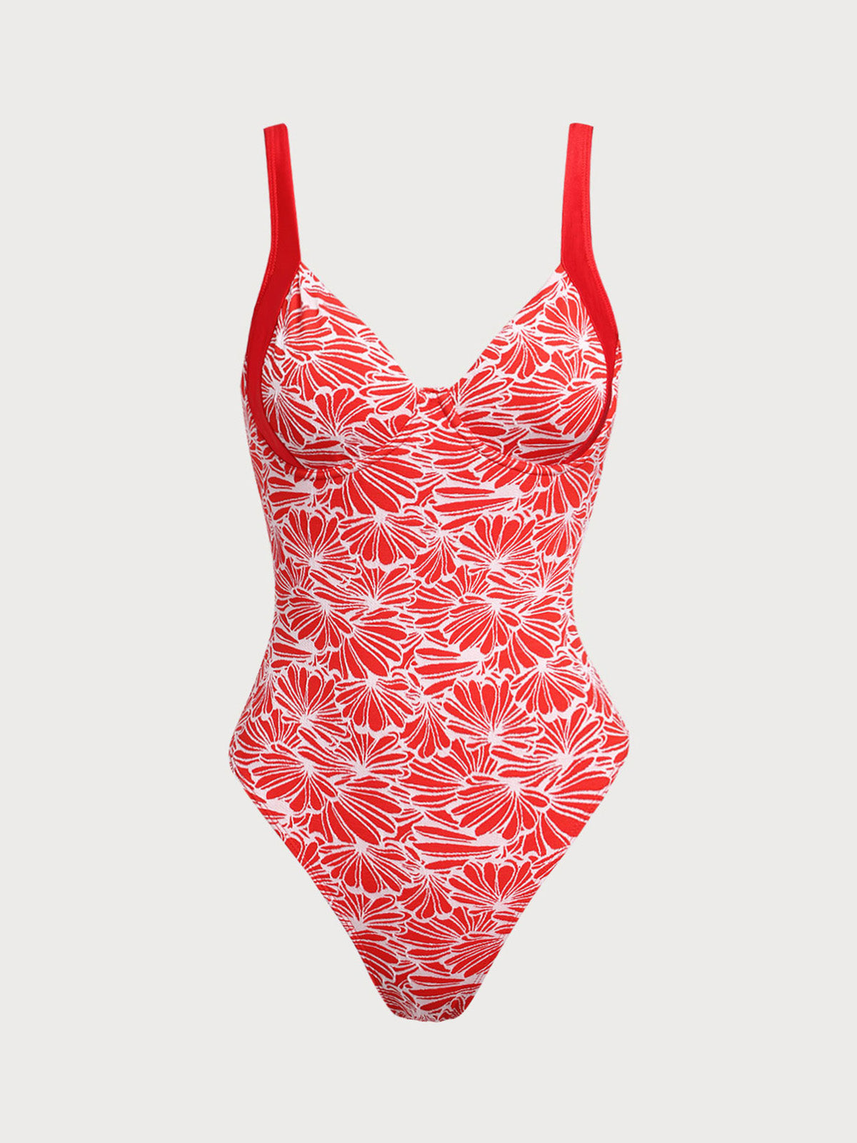 Red Two-Tone Jacquard Contrast One-Piece Swimsuit