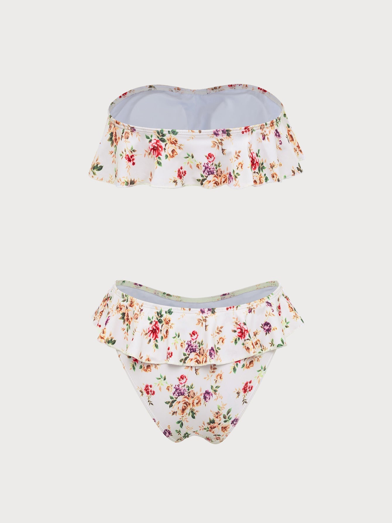 White Vintage Print Ruffle Bikini Set