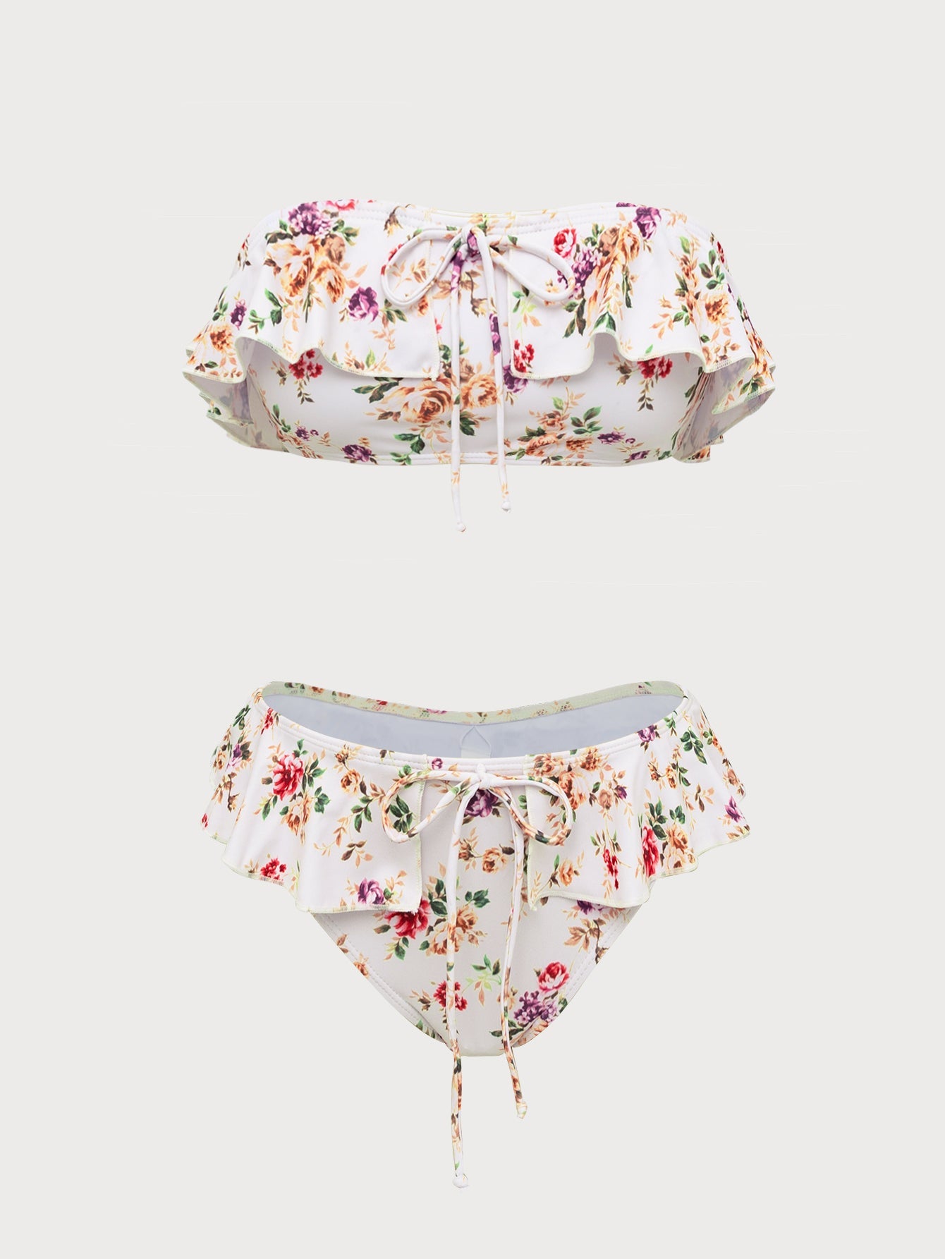 White Vintage Print Ruffle Bikini Set
